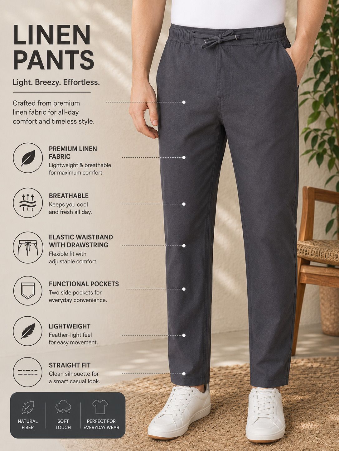 Men Slim Fit Grey Linen Blend Trousers-image-26