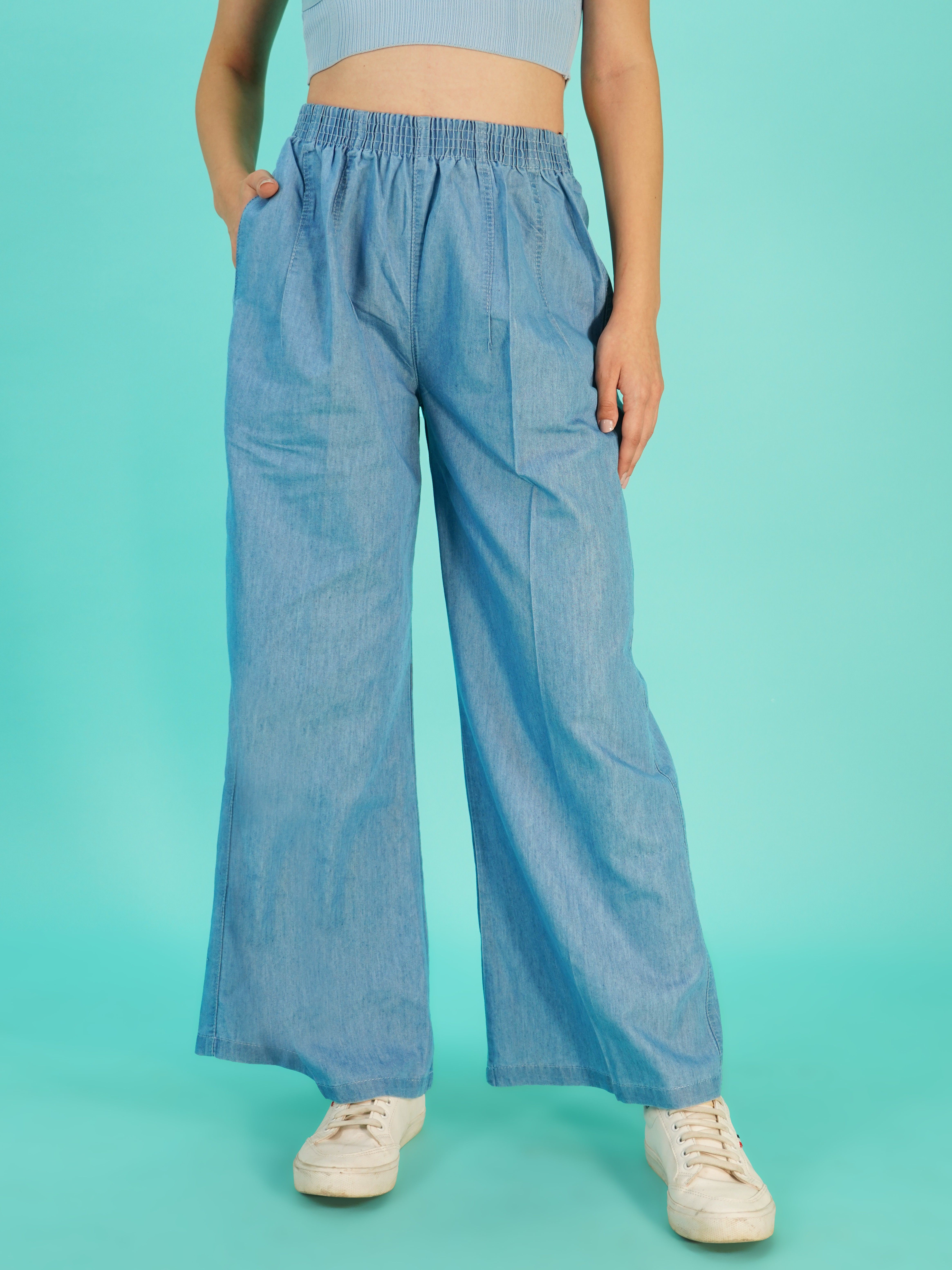 mm-21 Women Loose Fit Light Blue Cotton Blend Trousers-picture-18