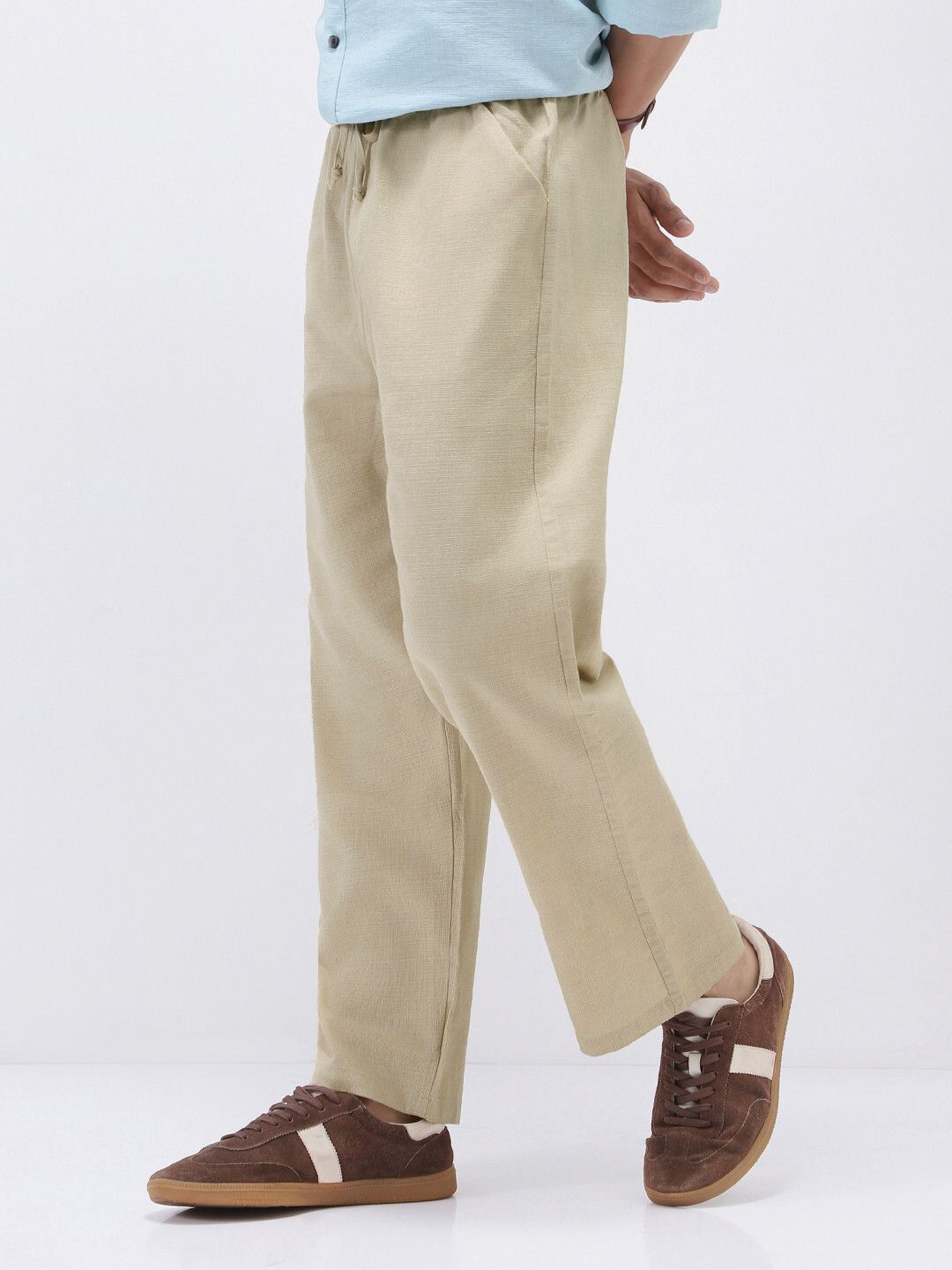 urbano fashion Men Loose Fit Beige Linen Blend Trousers-picture-23