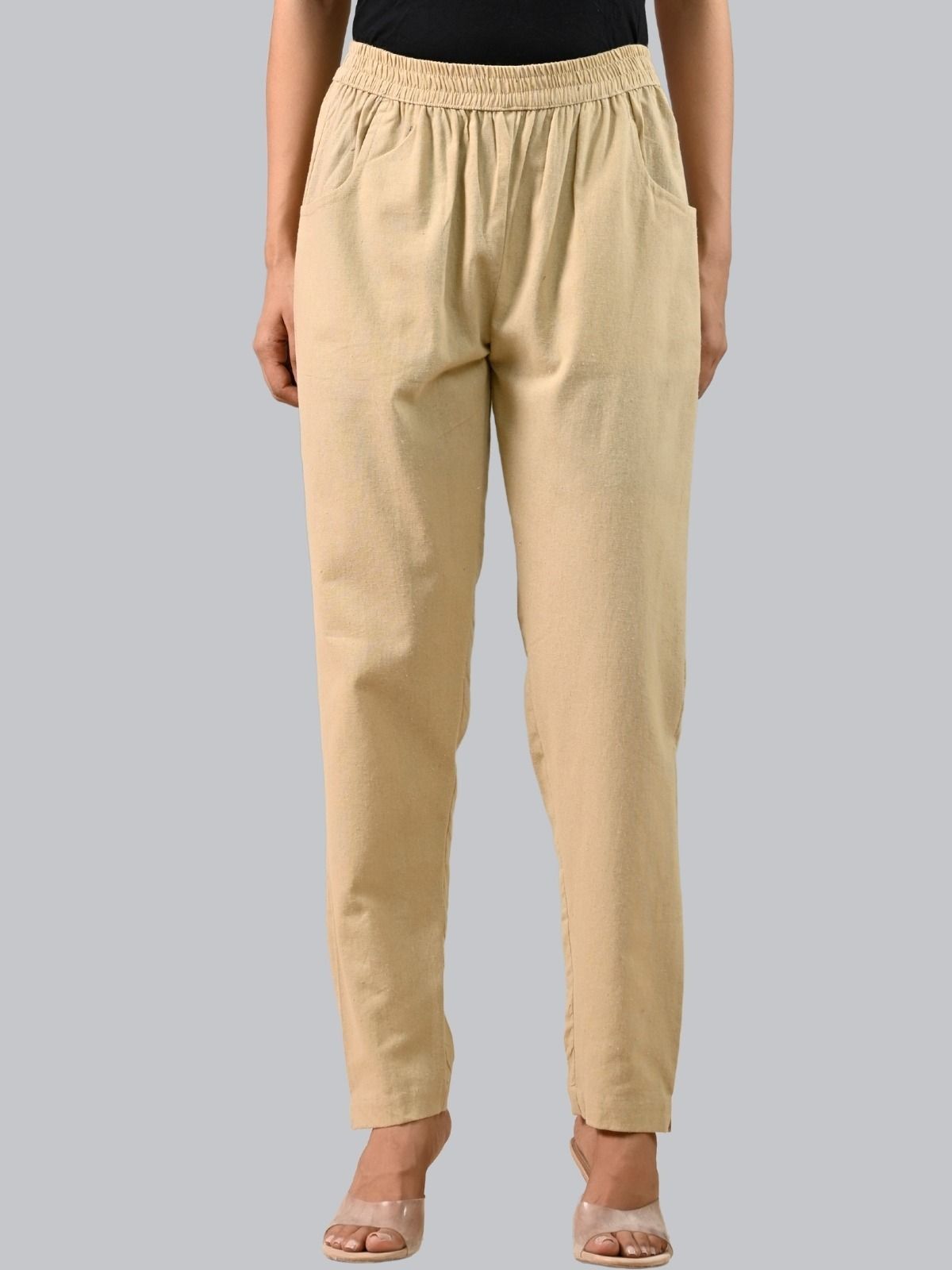 Women Regular Fit Beige Cotton Blend Trousers-image-48