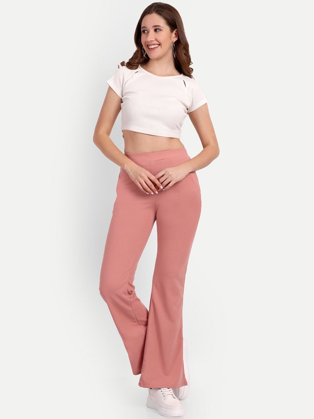 Women Flared Pink Polyester Trousers-image-43