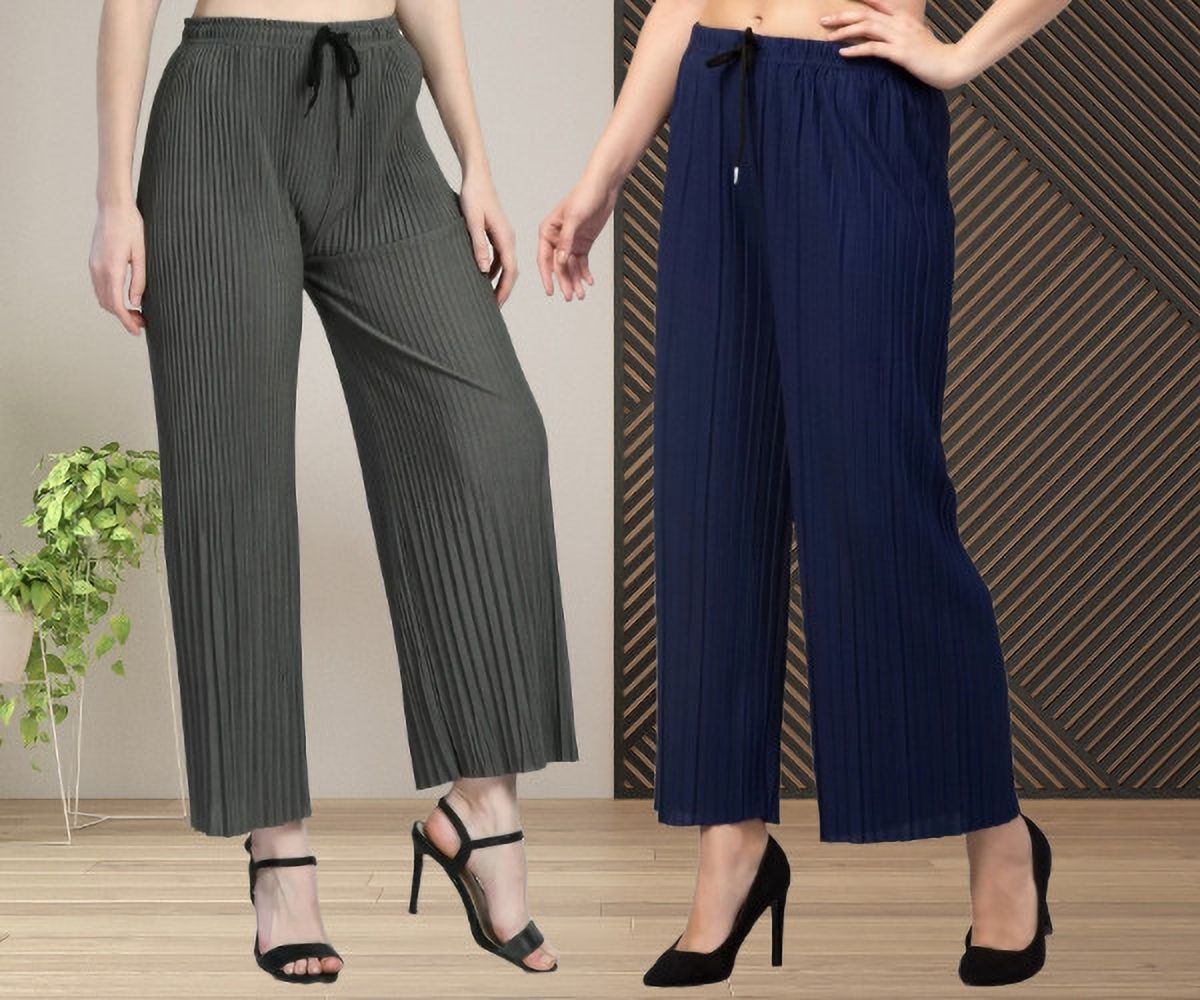 irha Women Relaxed Grey, Blue Polyester Trousers-picture-13