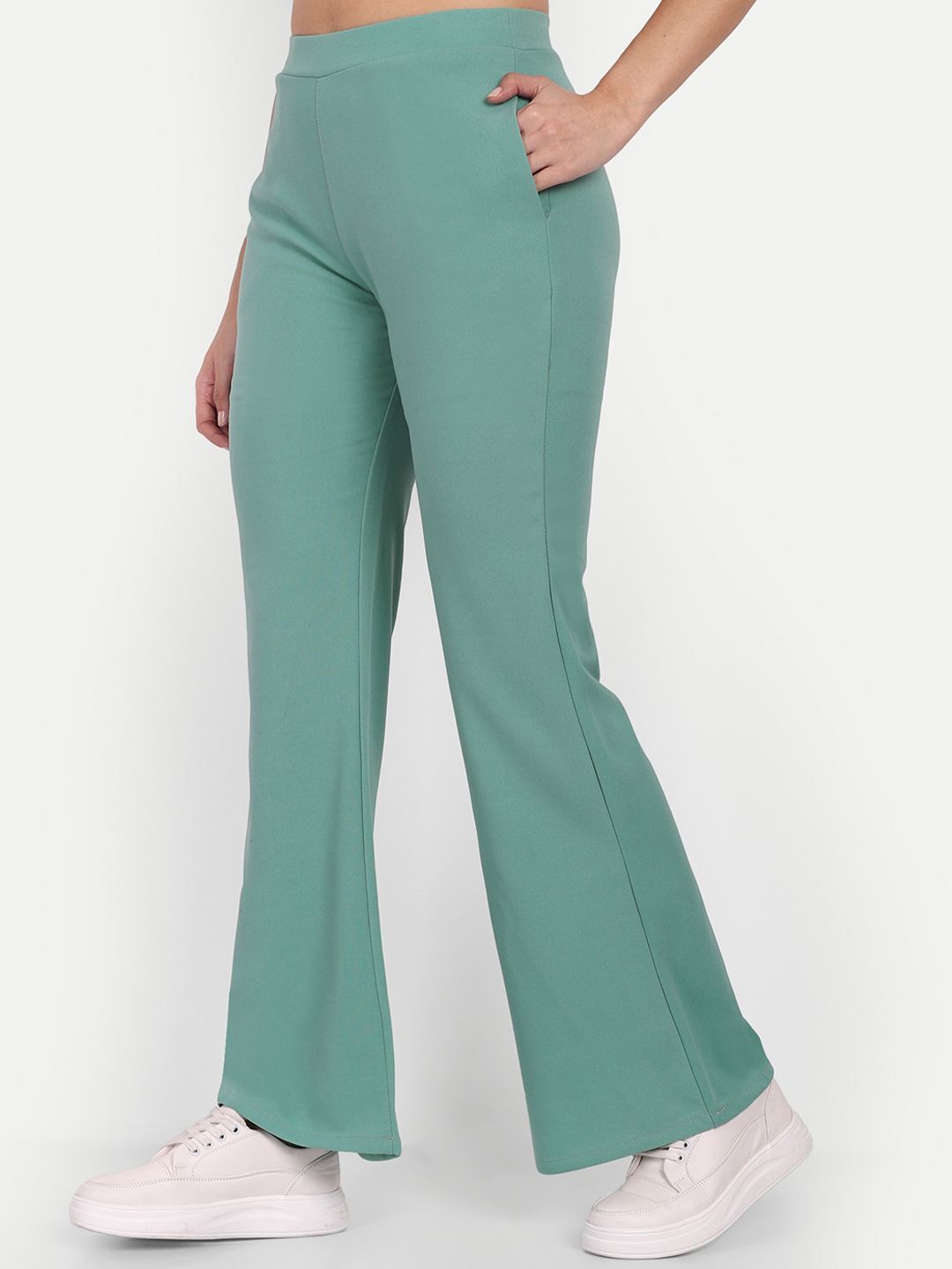Women Flared Blue Polyester Trousers-image-0