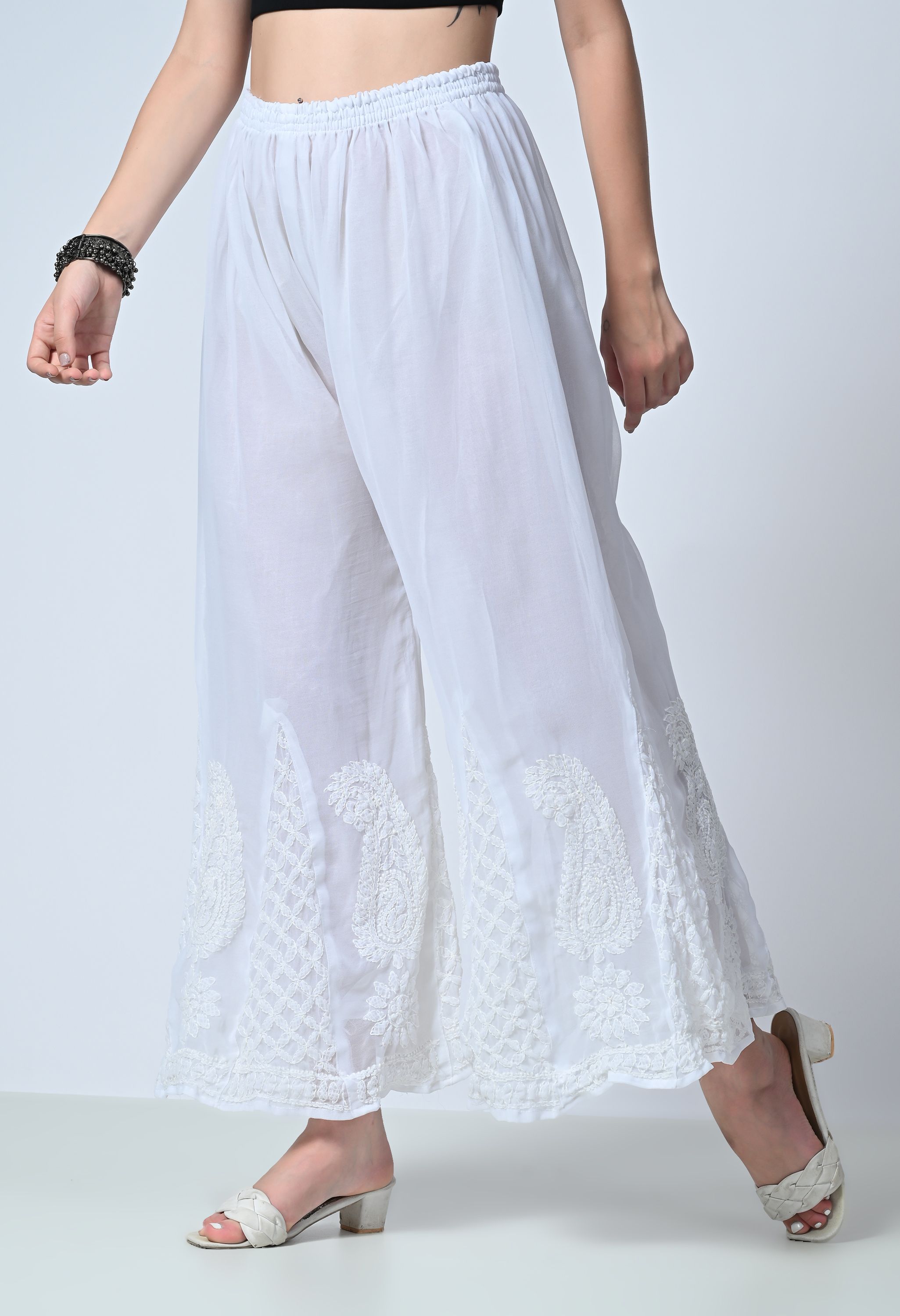 Women Relaxed White Georgette Trousers