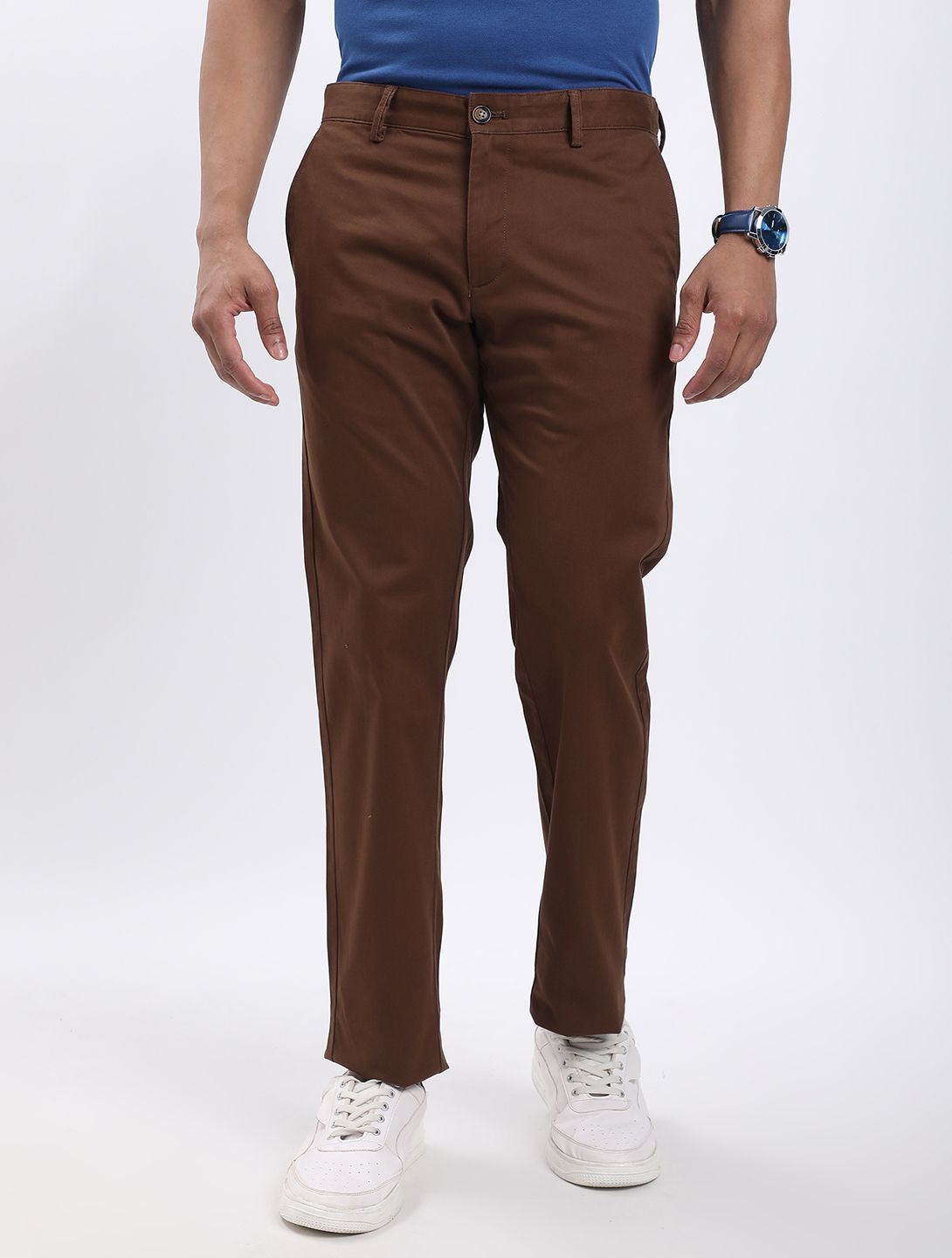 Men Slim Fit Brown Cotton Blend Trousers-image-41