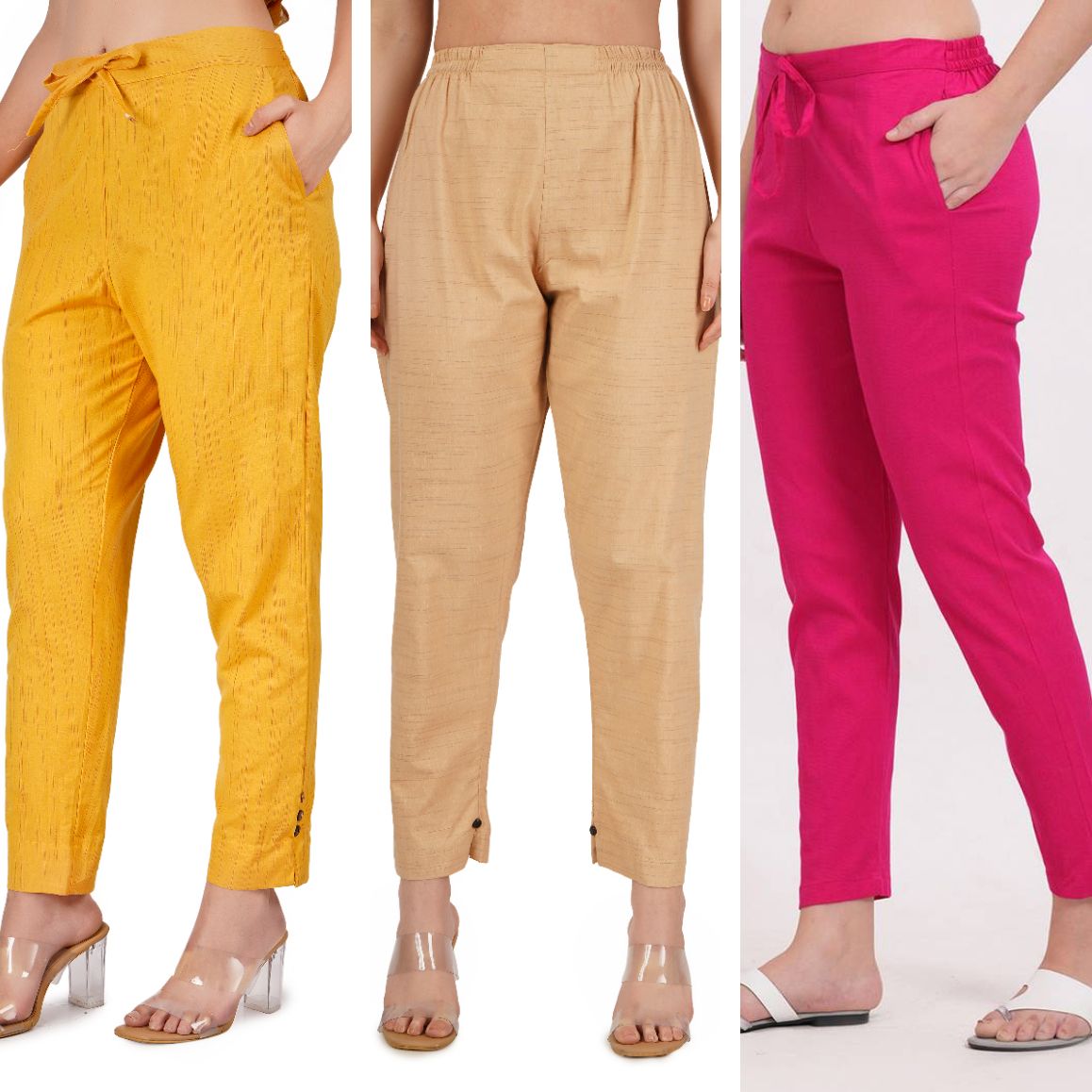 Pack of 3 Women Regular Fit Yellow, Beige, Pink Cotton Blend Trousers-image-15