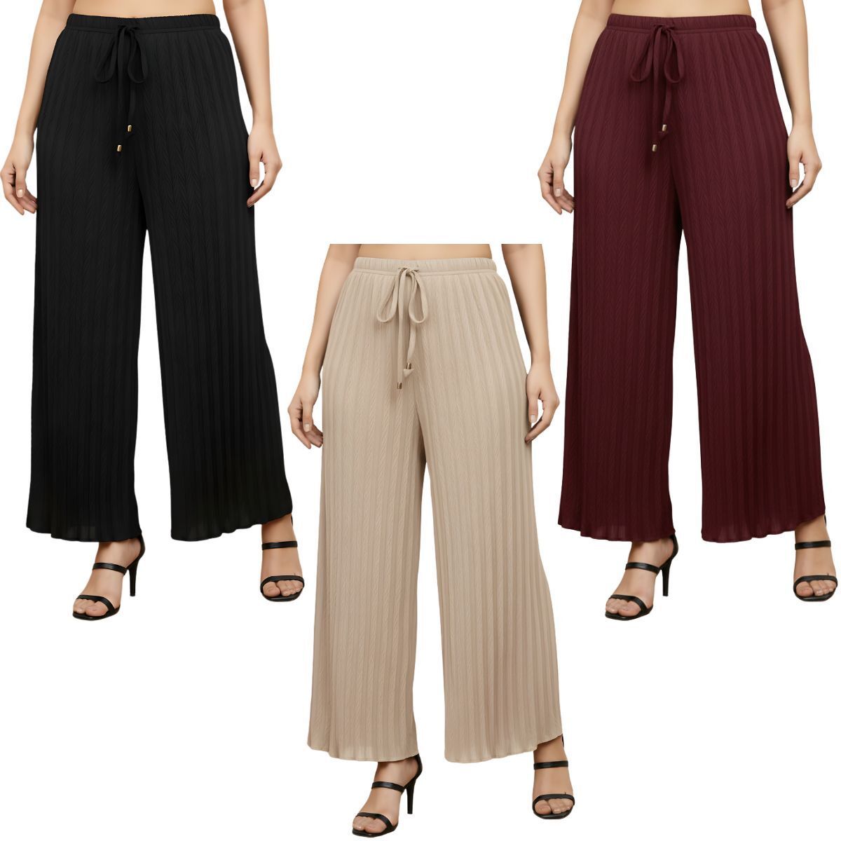 Pack of 3 Women Regular Fit Black, Beige, Maroon Lycra Blend Trousers-image-16
