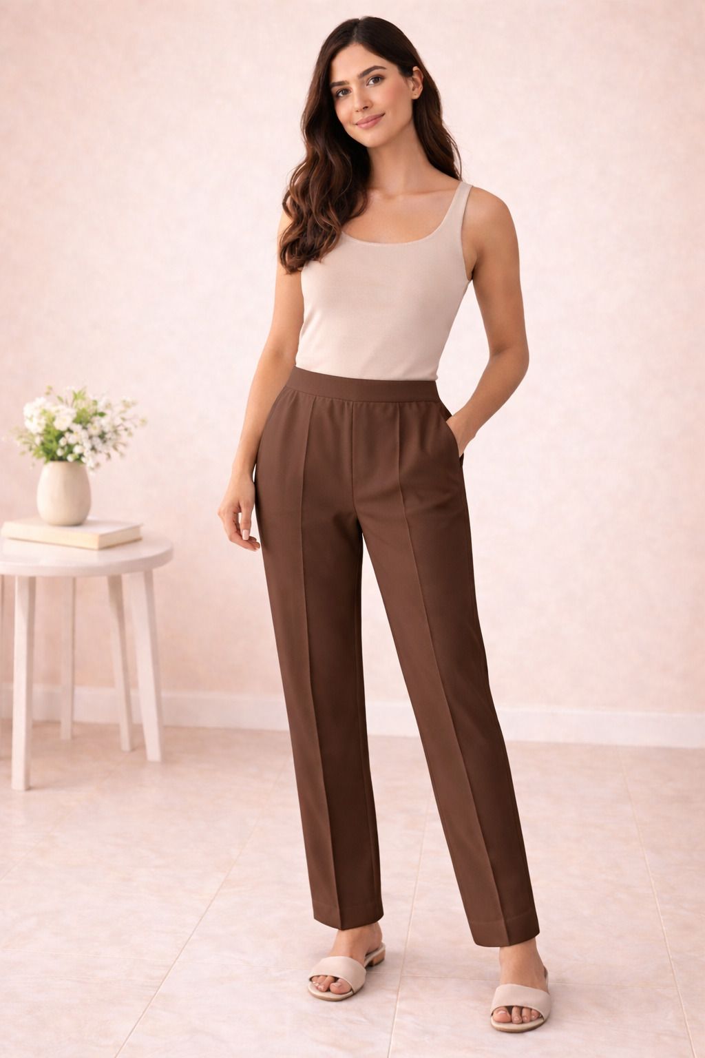 Women Straight Fit Brown Cotton Blend Trousers-image-43