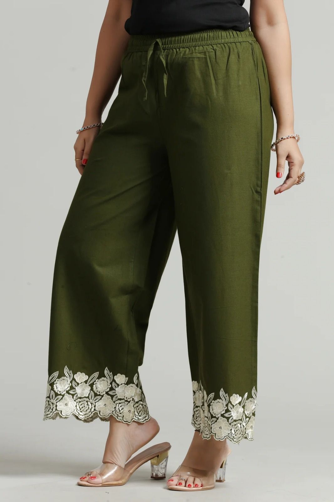 Women Comfort Fit Green Cotton Blend Trousers-image-18