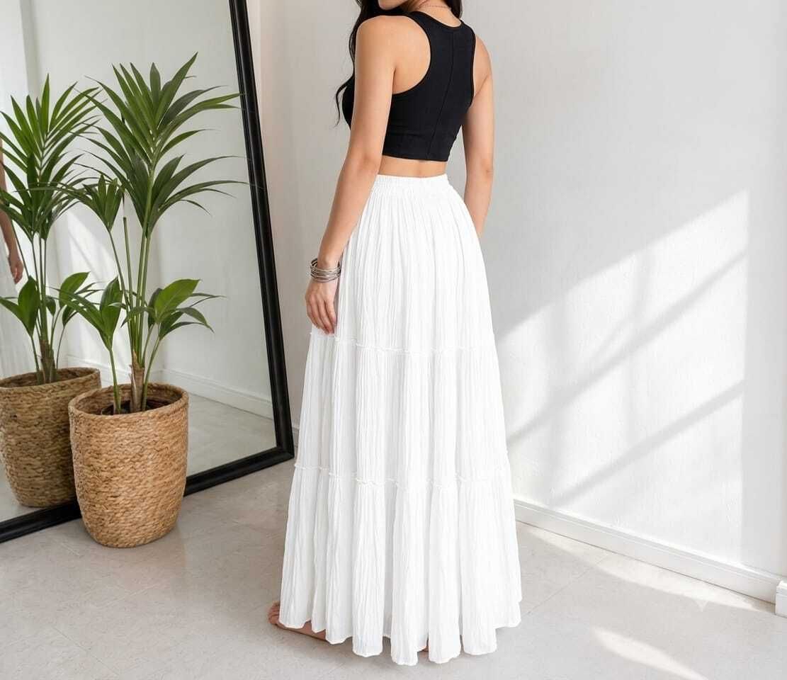 Women Self Design Pleated White Skirt-image-1