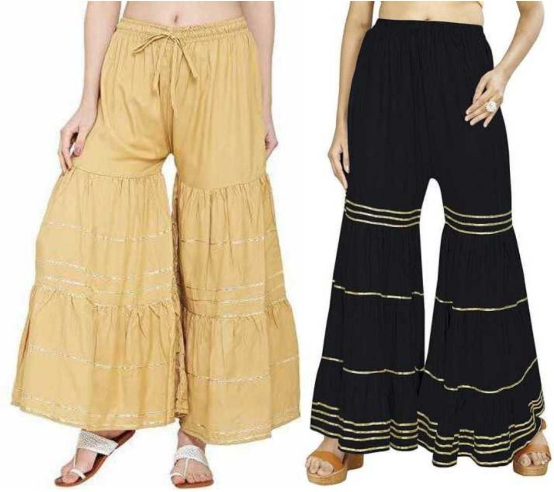pi world Pack of 2 Women Flared Black, Beige Viscose Rayon Trousers-picture-43