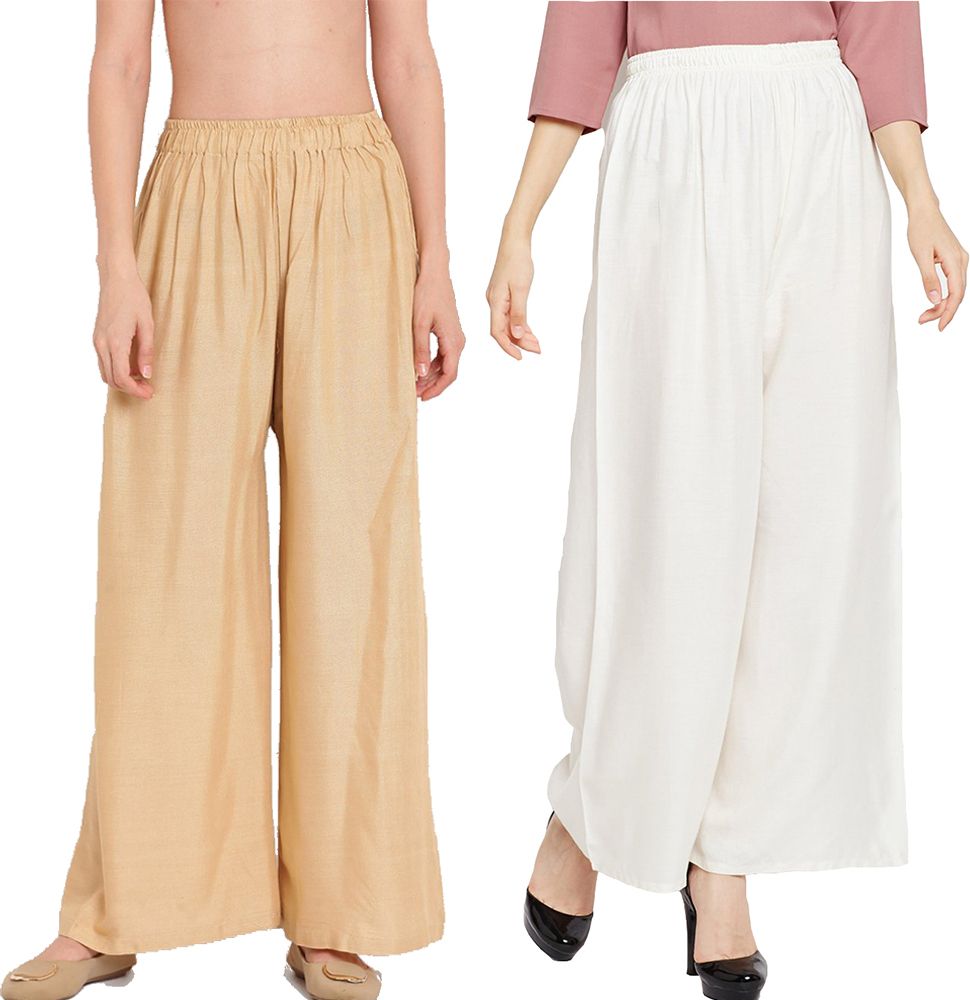go gazab Pack of 2 Women Loose Fit Gold, White Viscose Rayon Trousers-picture-19