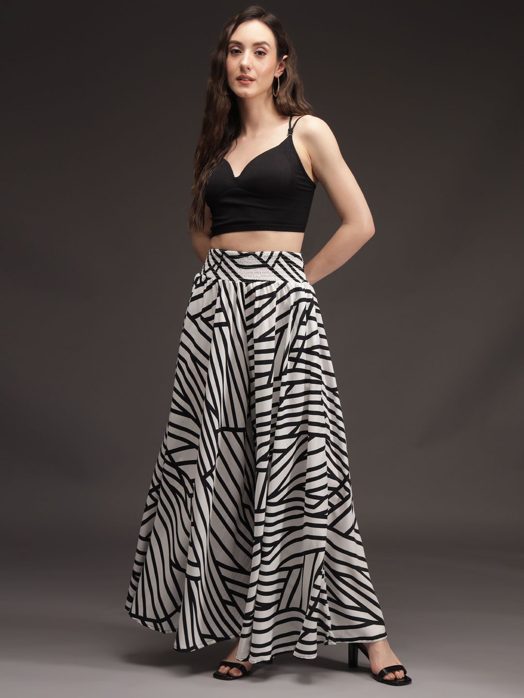 Women Flared White, Black Viscose Rayon Trousers