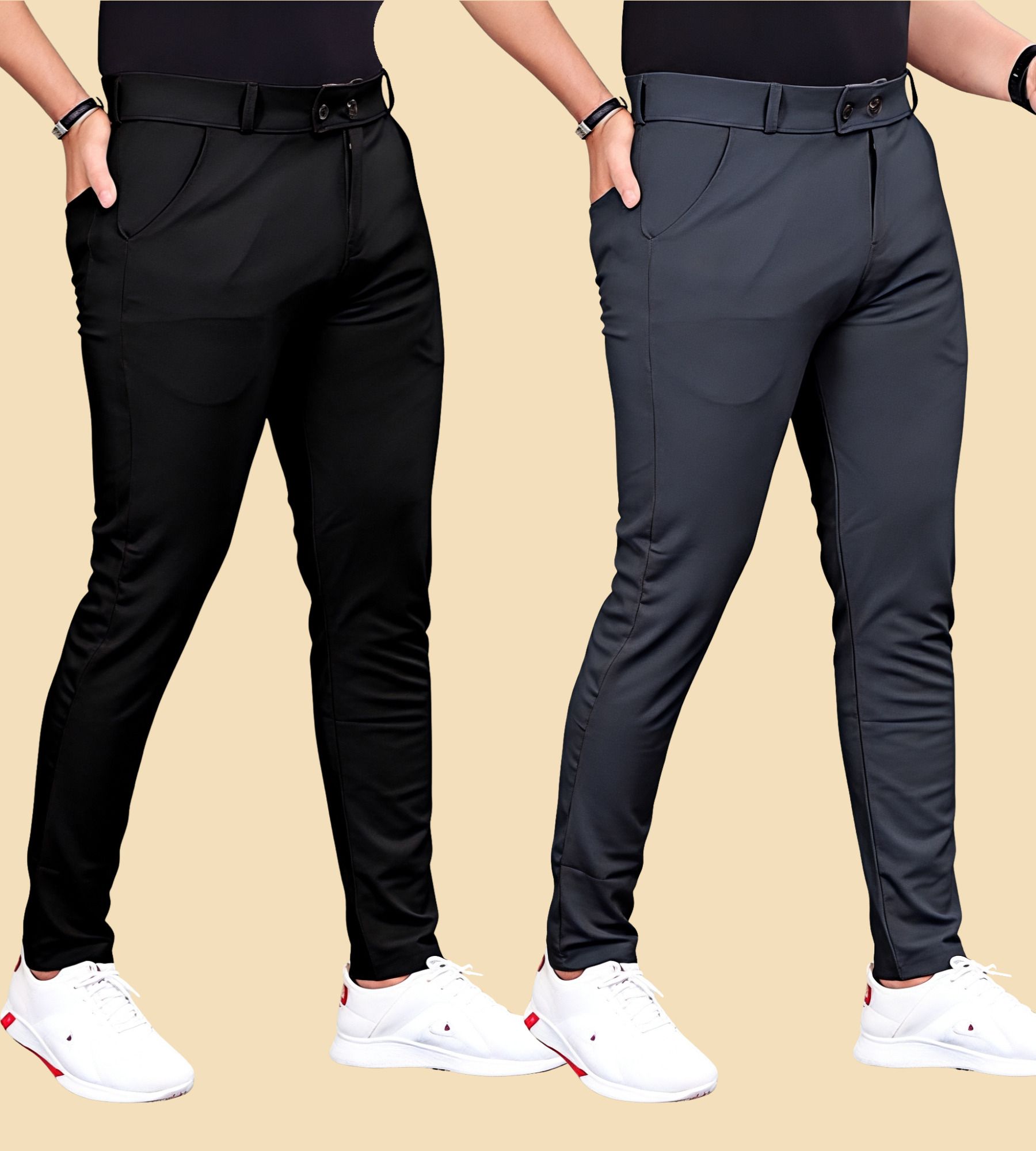 fabaura Men Slim Fit Black, Grey Lycra Blend Trousers-picture-36