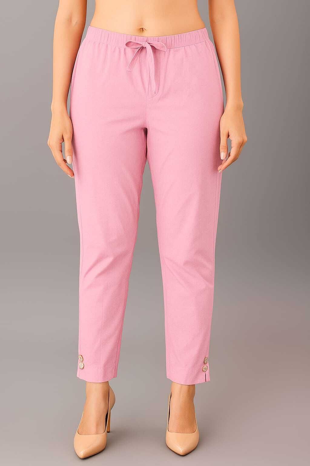 Women Slim Fit Pink Cotton Blend Trousers