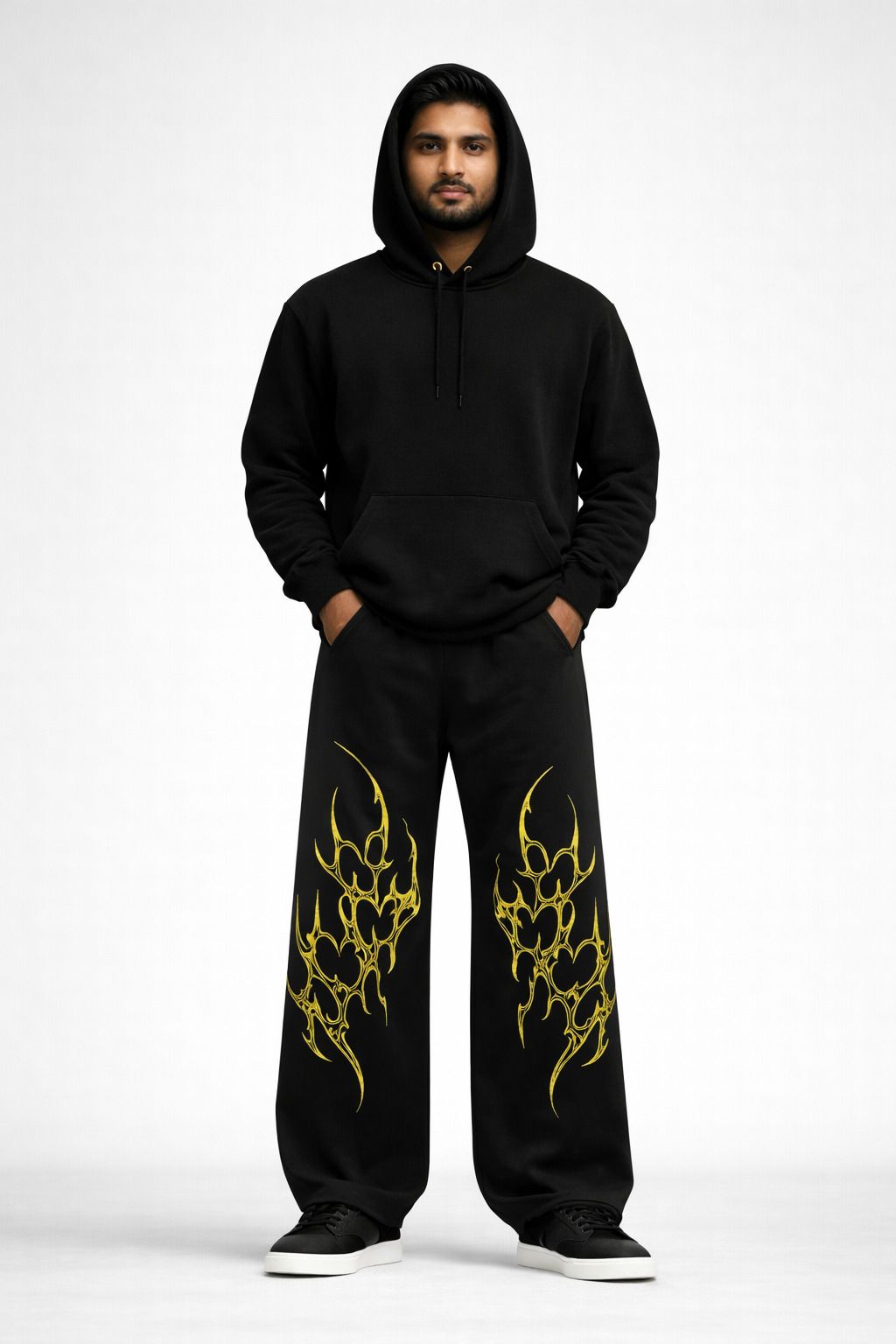 Men Loose Fit Black Cotton Blend Trousers