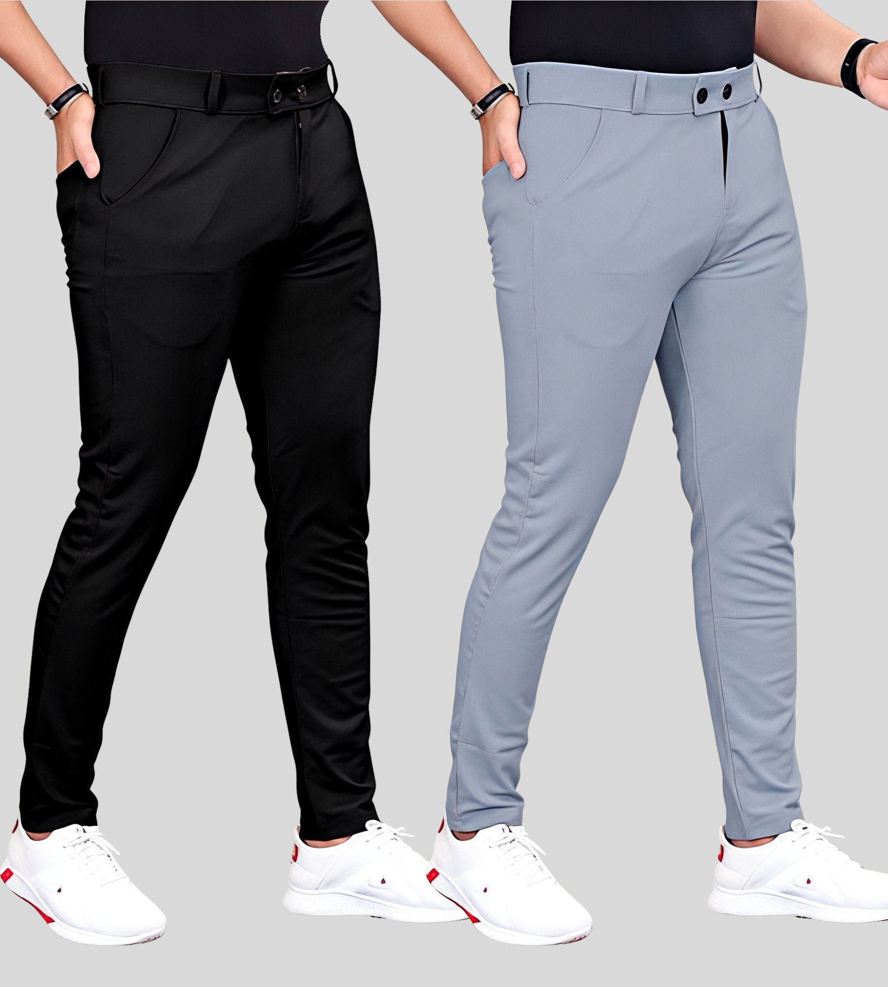 Pack of 2 Men Slim Fit Black, Grey Lycra Blend Trousers-image-16