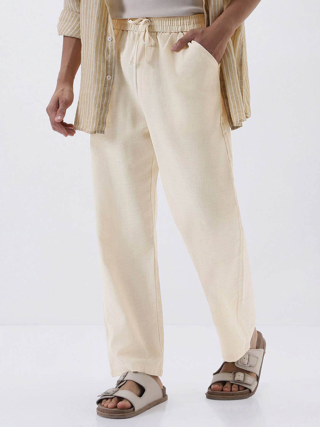 urbano fashion Men Loose Fit Cream Linen Blend Trousers-picture-21