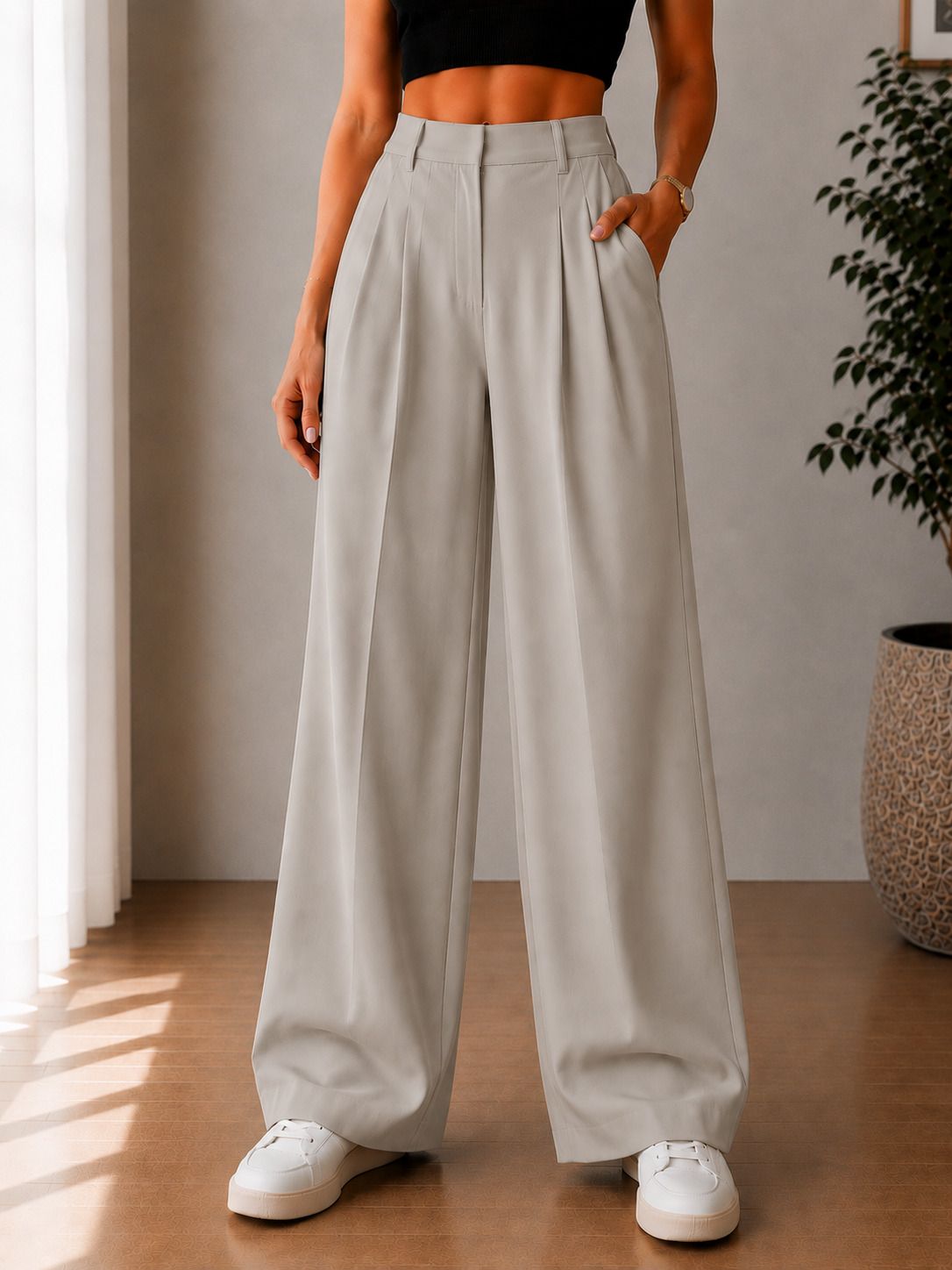 el cielo Women Loose Fit Grey Viscose Rayon Trousers-picture-12