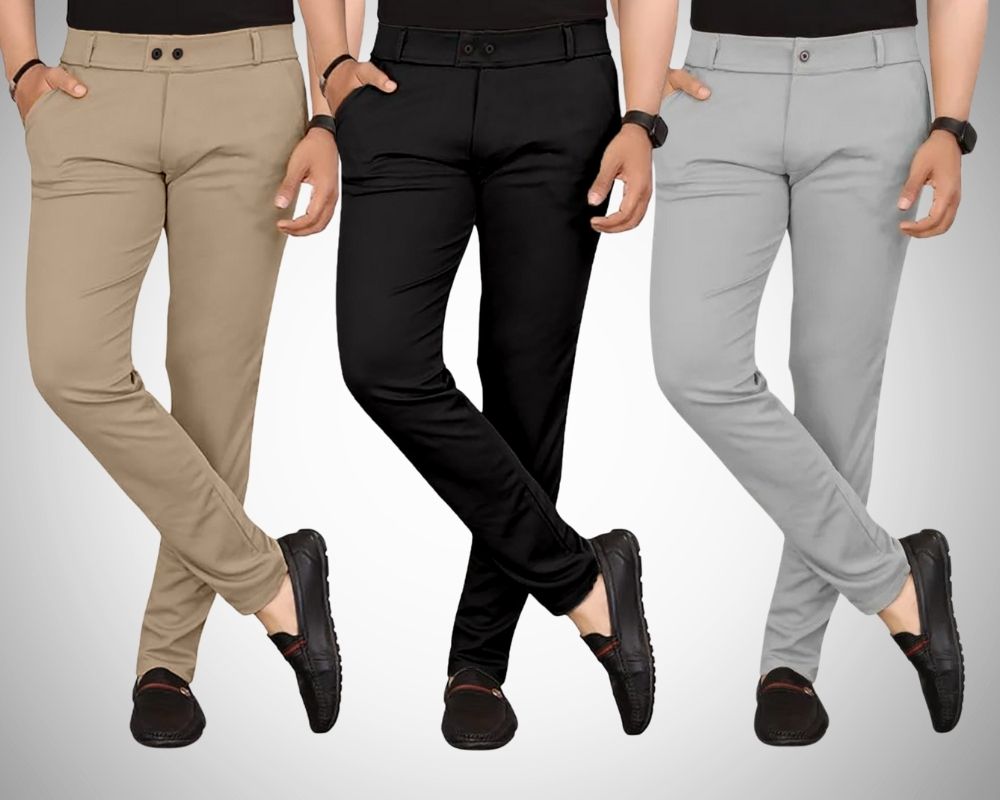 chartou Pack of 3 Men Regular Fit Multicolor Lycra Blend Trousers-picture-18