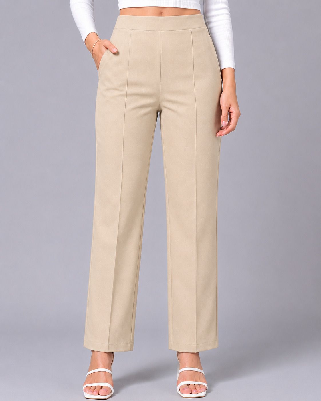 Women Straight Fit Beige Lycra Blend Trousers-image-46