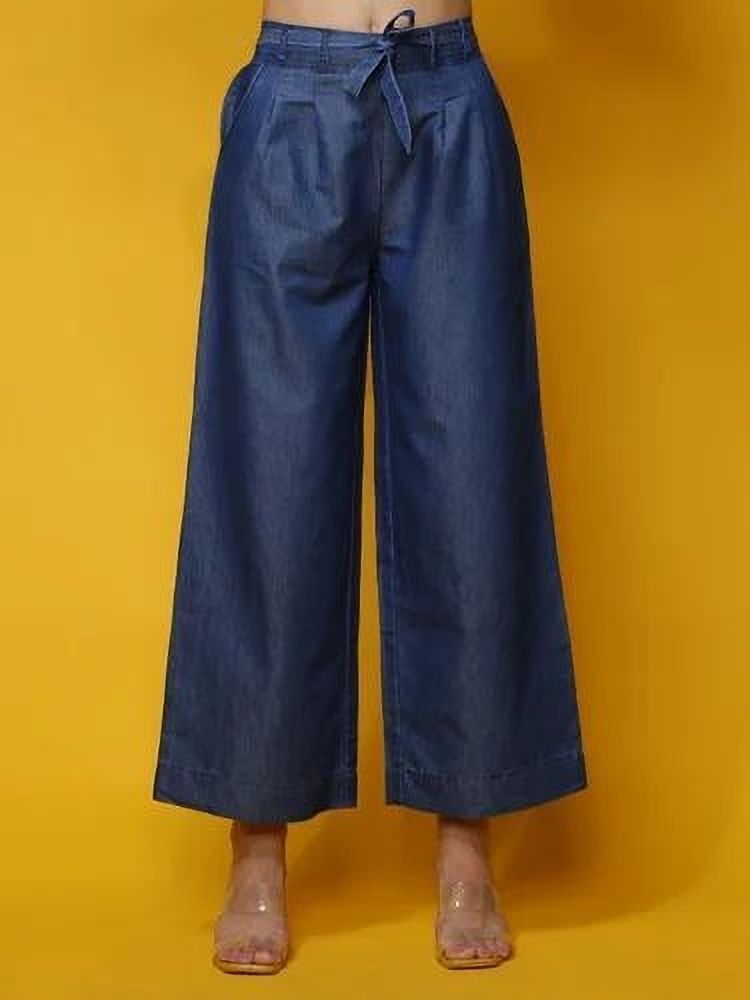 Women Relaxed Dark Blue Polycotton Trousers-image-27