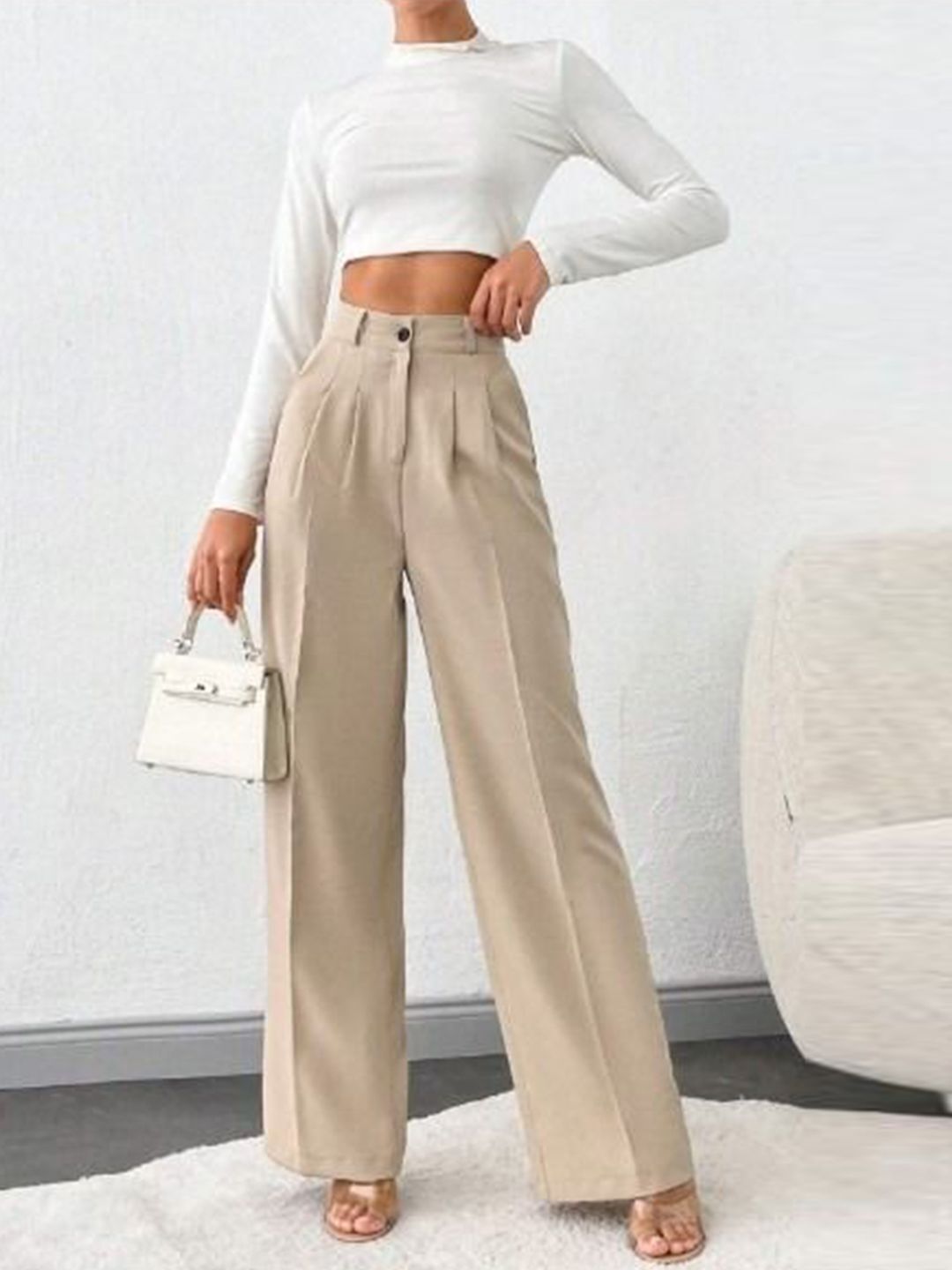 Women Regular Fit Beige Polyester Trousers-image-45