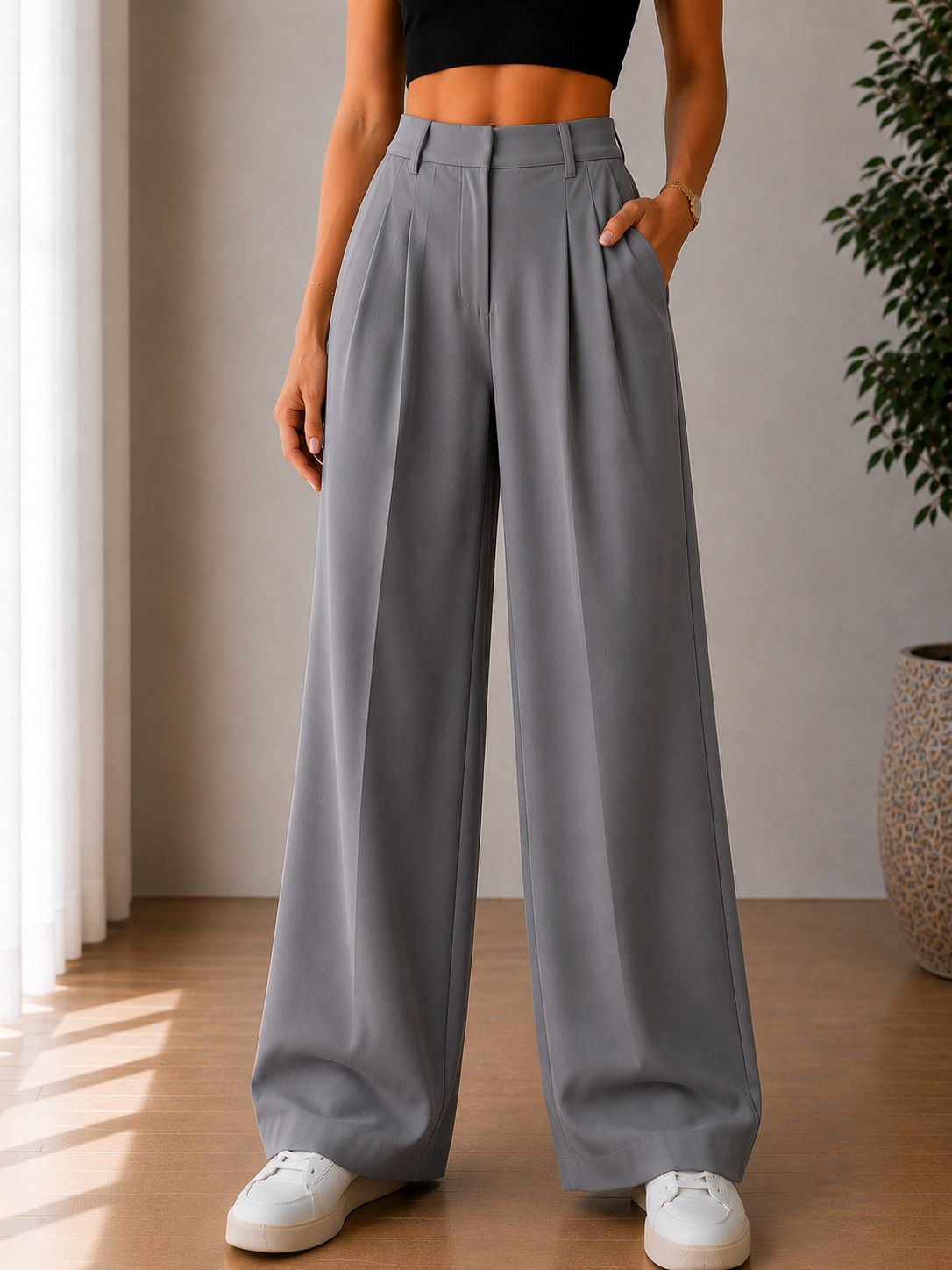 el cielo Women Loose Fit Grey Viscose Rayon Trousers-picture-27