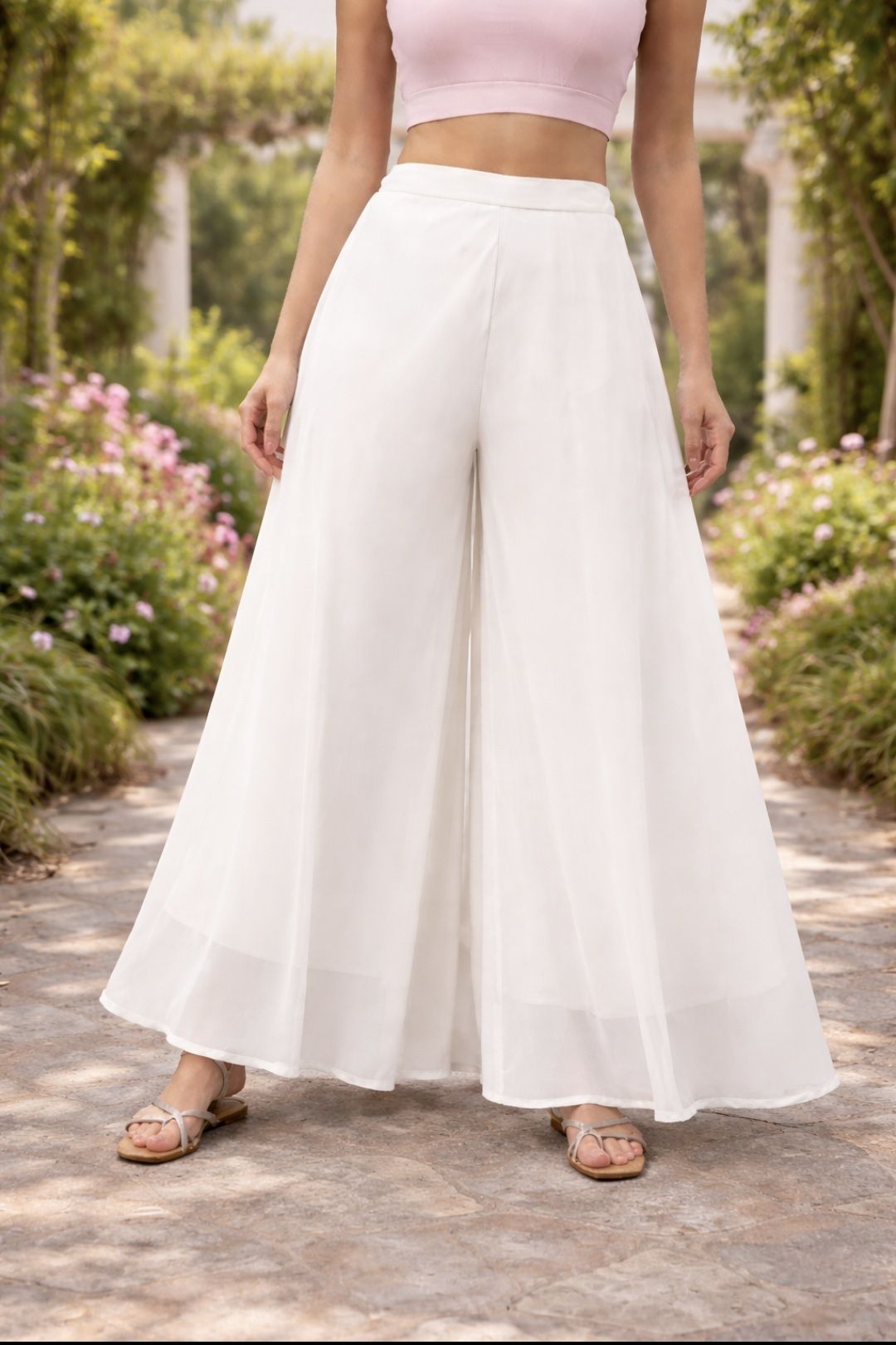 Women Flared White Georgette Trousers-image-12