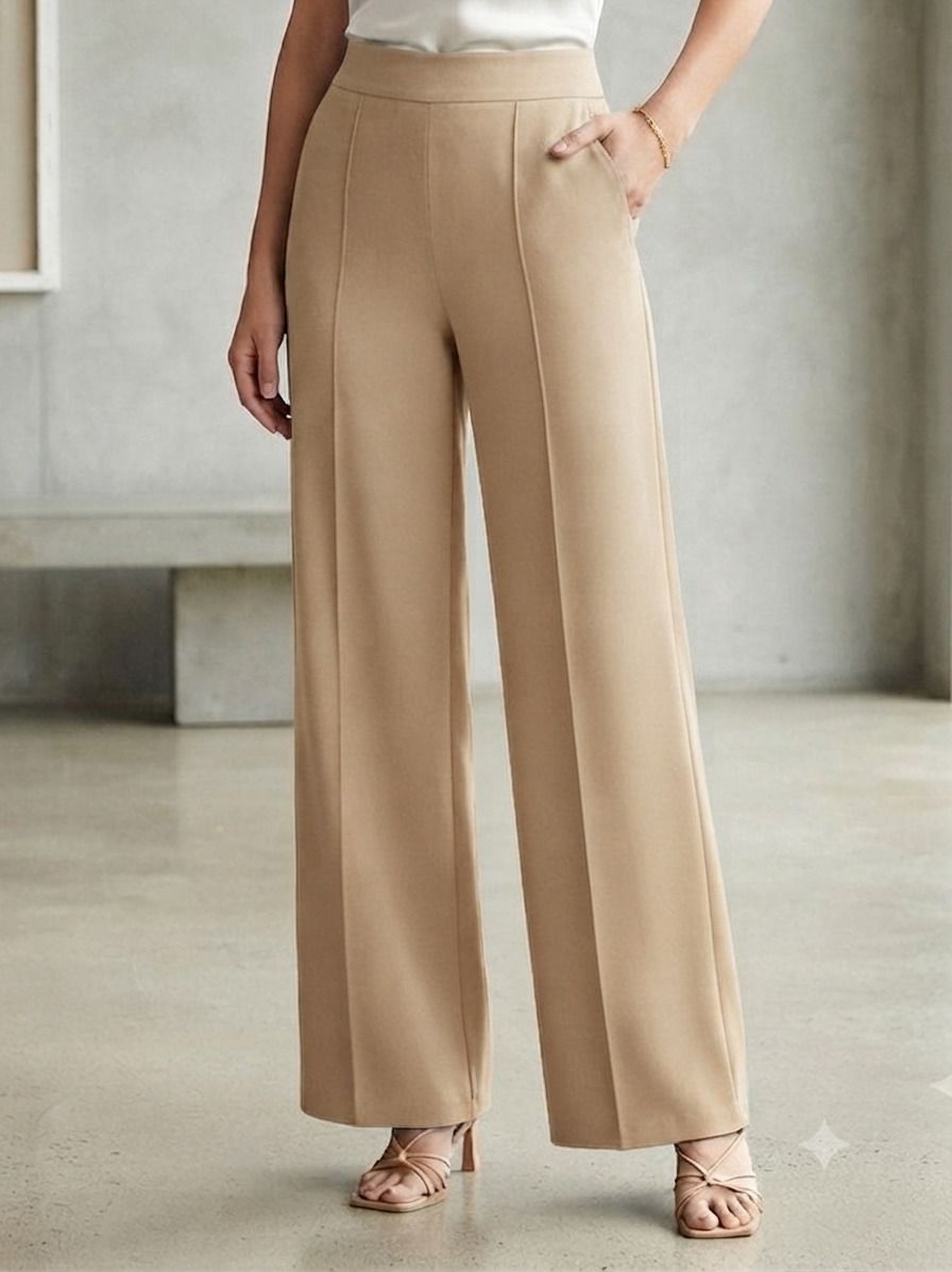 Women Flared Beige Viscose Rayon Trousers-image-41