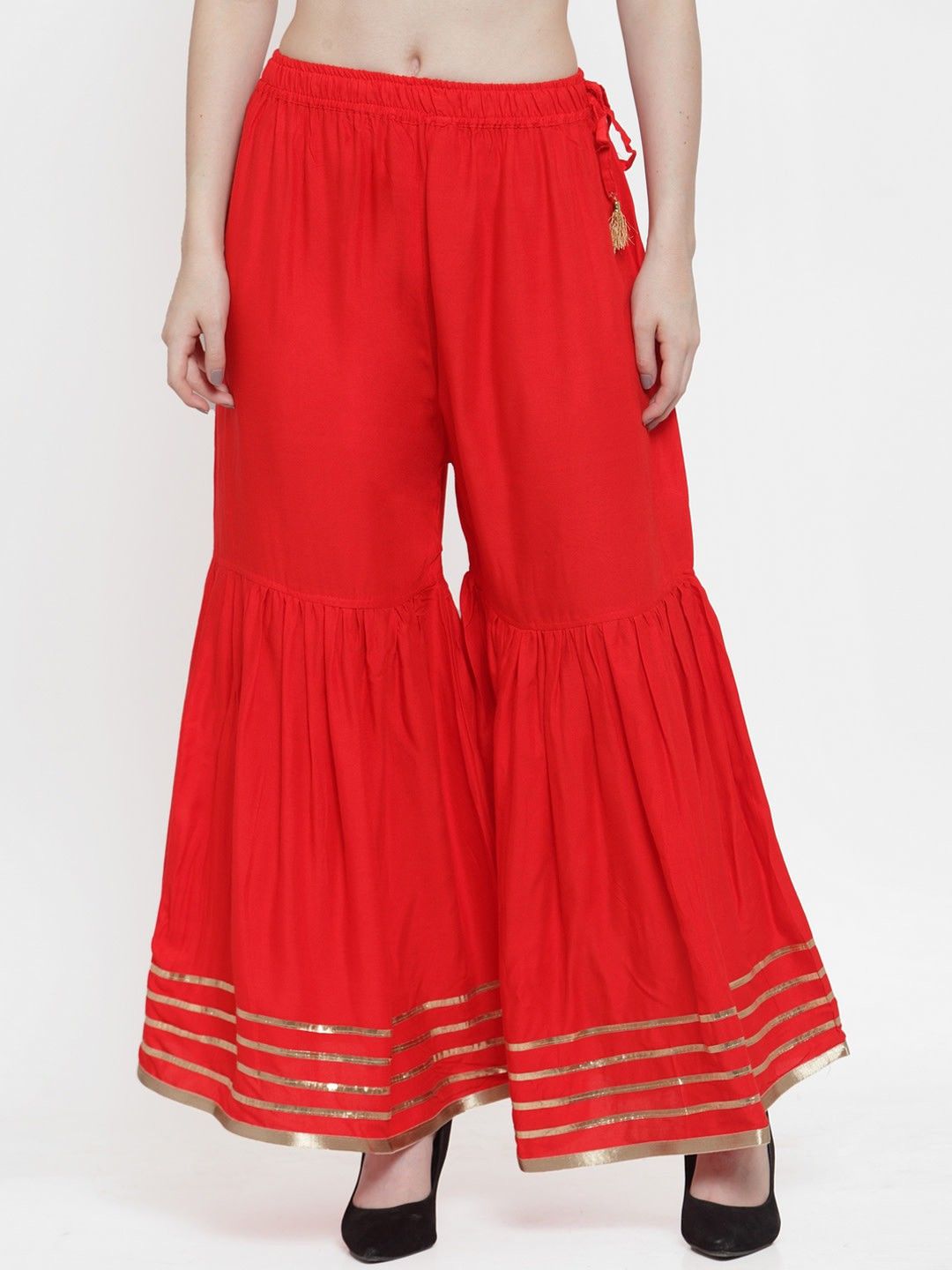 Women Flared Red Viscose Rayon Trousers-image-5