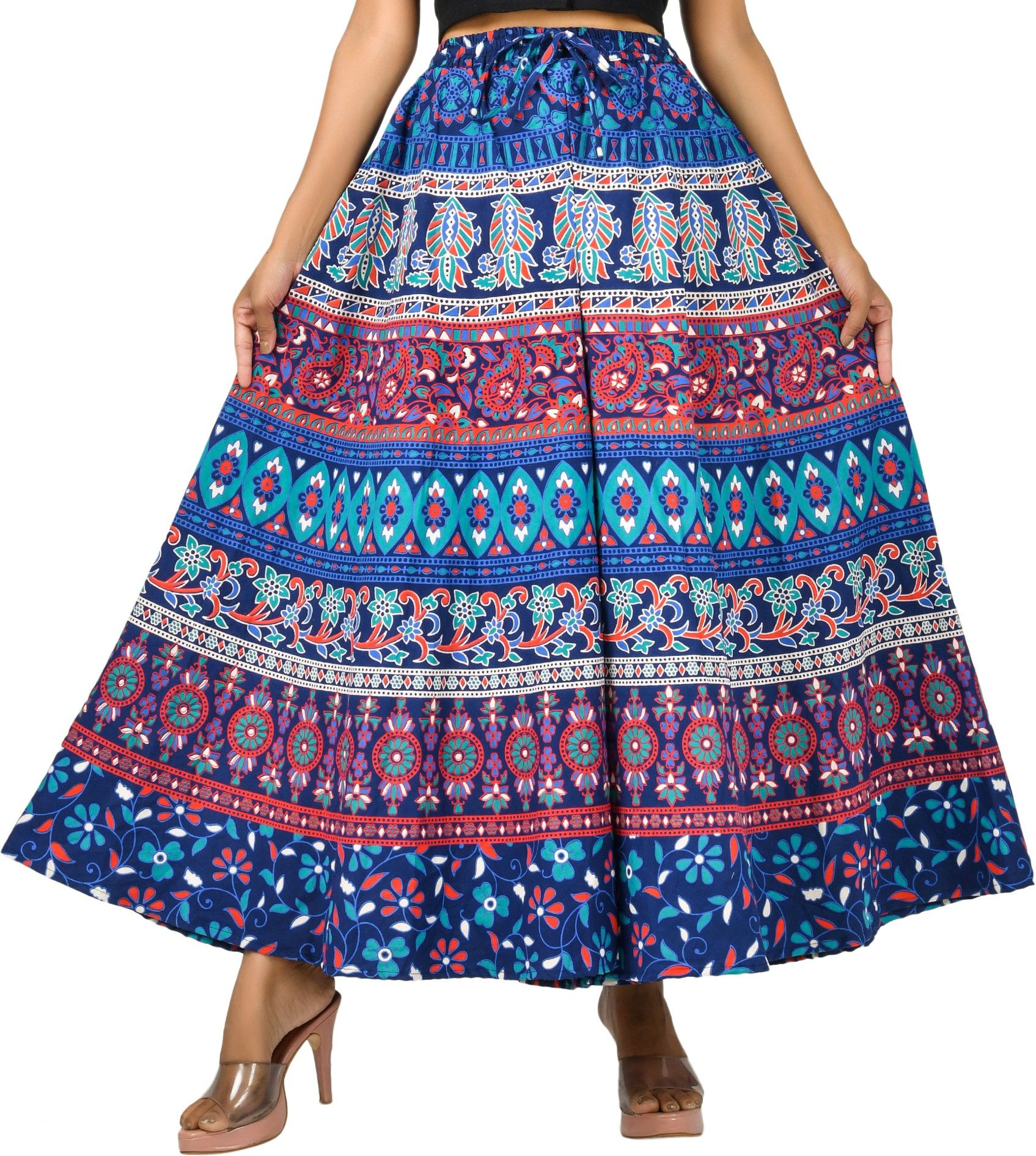 samjhi Women Flared Blue, Red Pure Cotton Trousers-picture-36