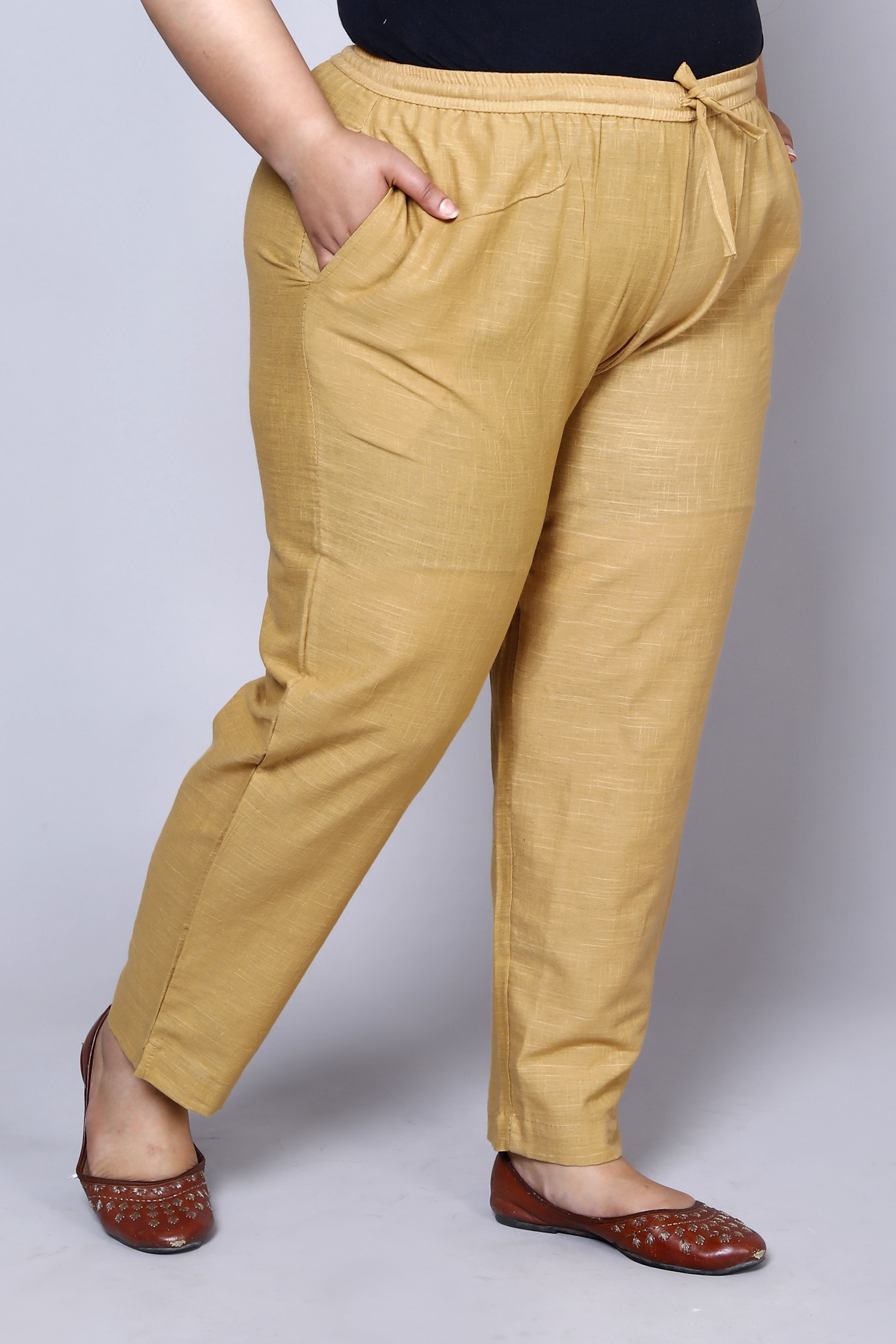 Women Straight Fit Beige Pure Cotton Trousers