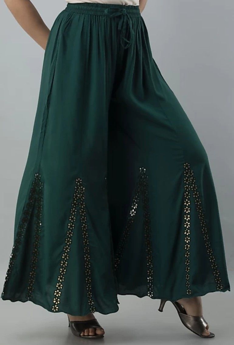 emmy word Women Flared Dark Green Viscose Rayon Trousers-picture-33