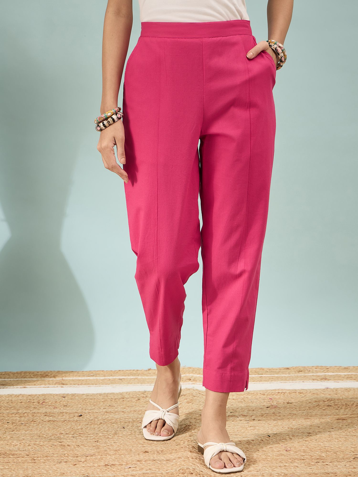 d k w Women Regular Fit Pink Pure Cotton Trousers-picture-10