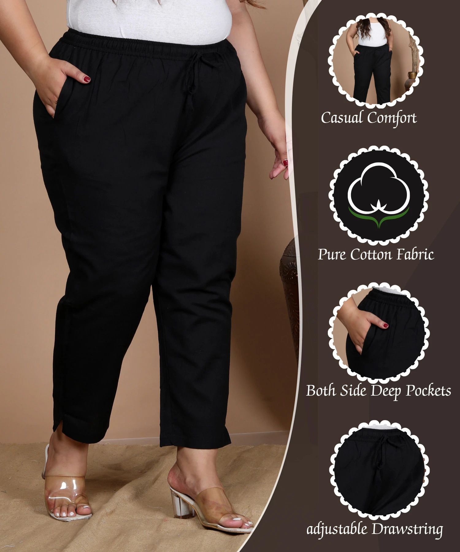 Women Regular Fit Black Pure Cotton Trousers-image-6