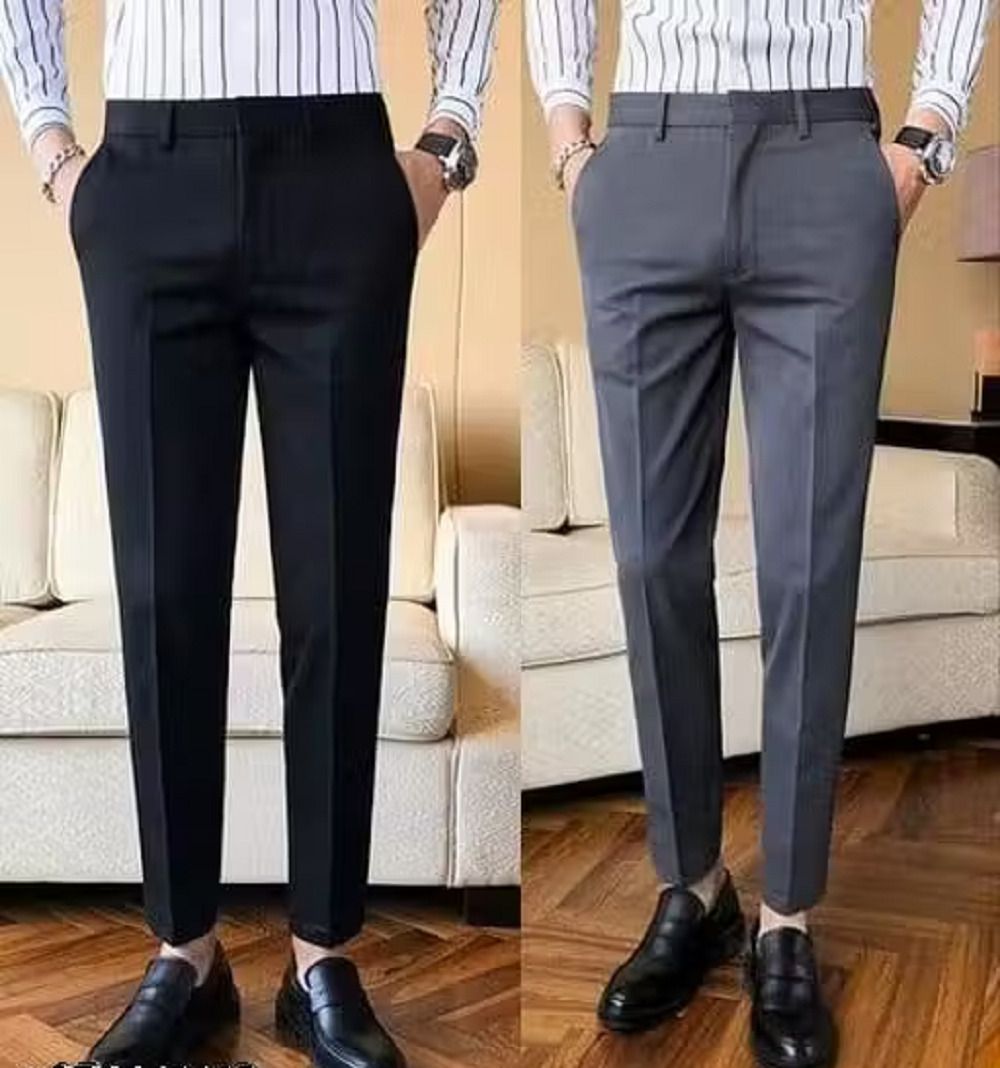 Pack of 2 Men Slim Fit Black, Grey Polycotton Trousers-image-30