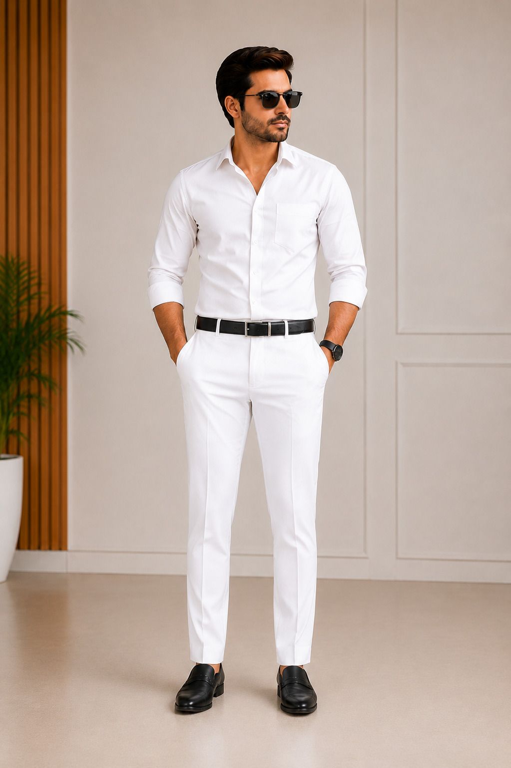 Men Straight Fit White Lycra Blend Trousers-image-25