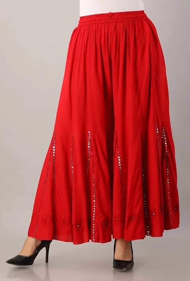 Women Flared Red Viscose Rayon Trousers