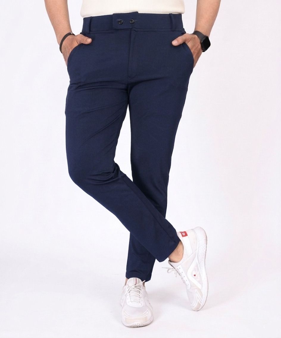avolt Men Slim Fit Dark Blue Lycra Blend Trousers-picture-22