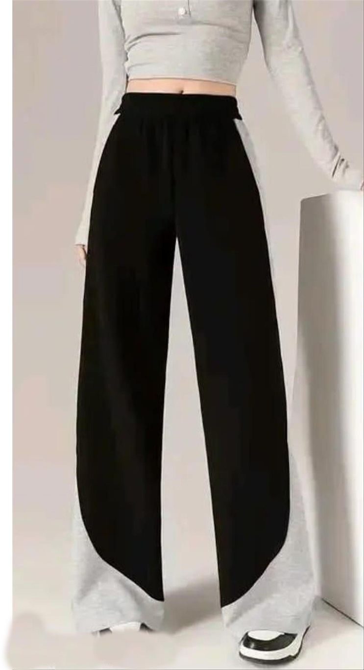 Women Loose Fit Black, Grey Cotton Blend Trousers