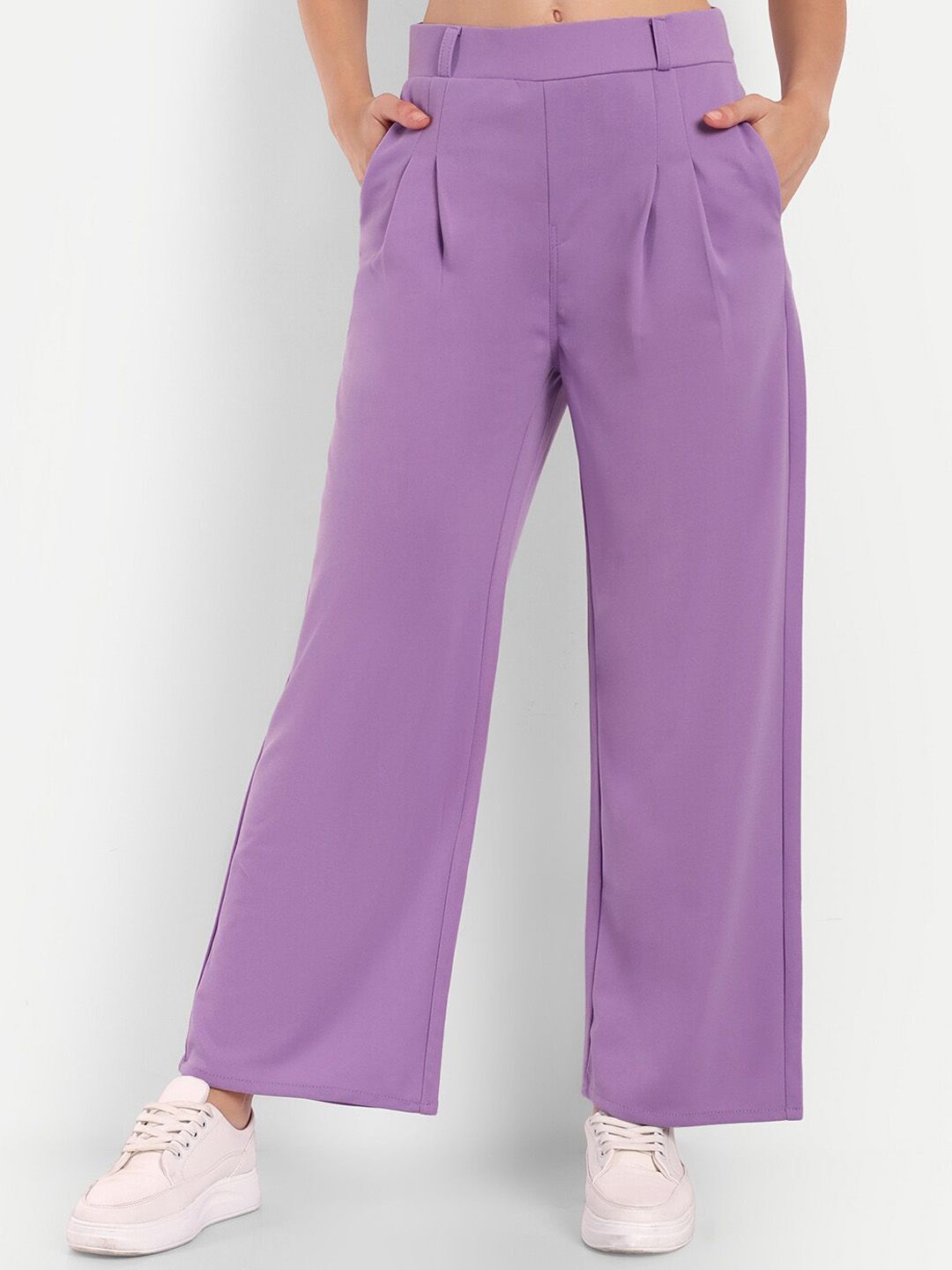 Women Loose Fit Purple Polyester Trousers-image-0