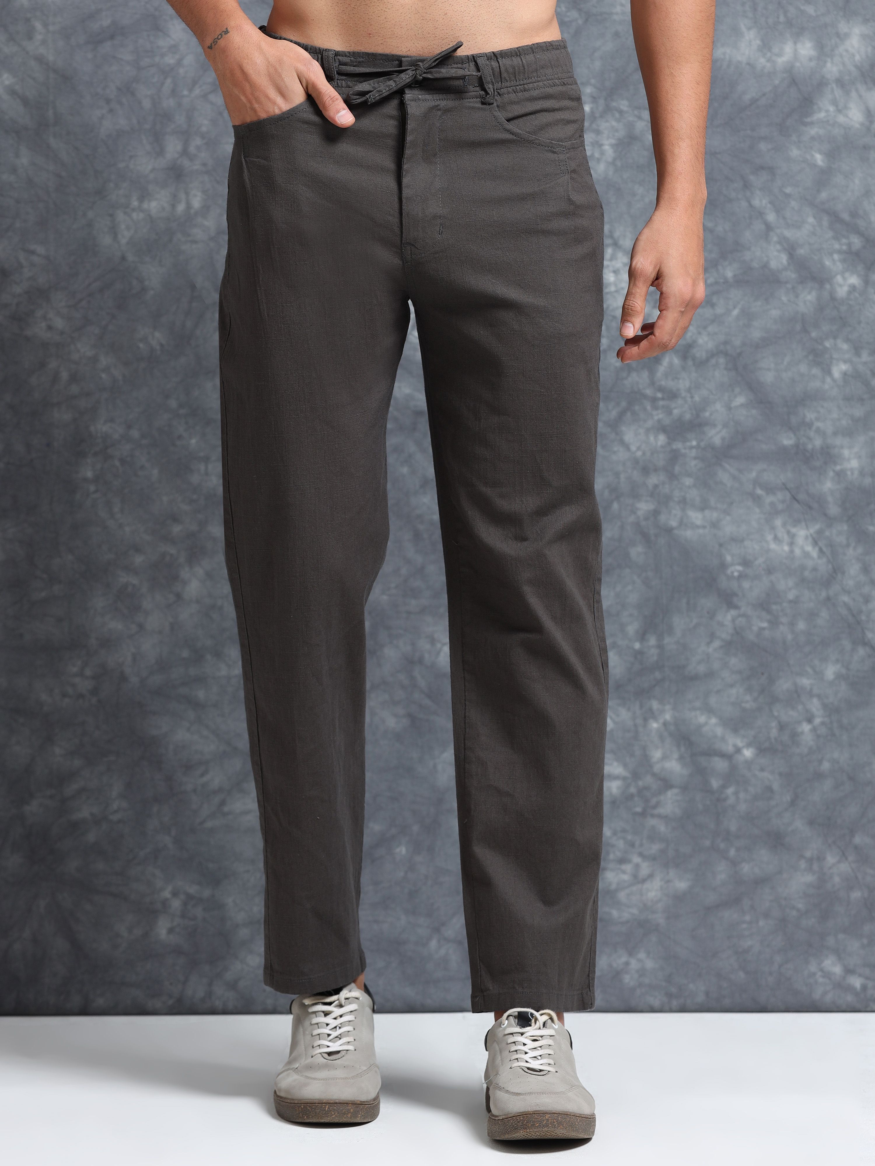 bellaciao clothings co Men Relaxed Grey Linen Blend Trousers-picture-11