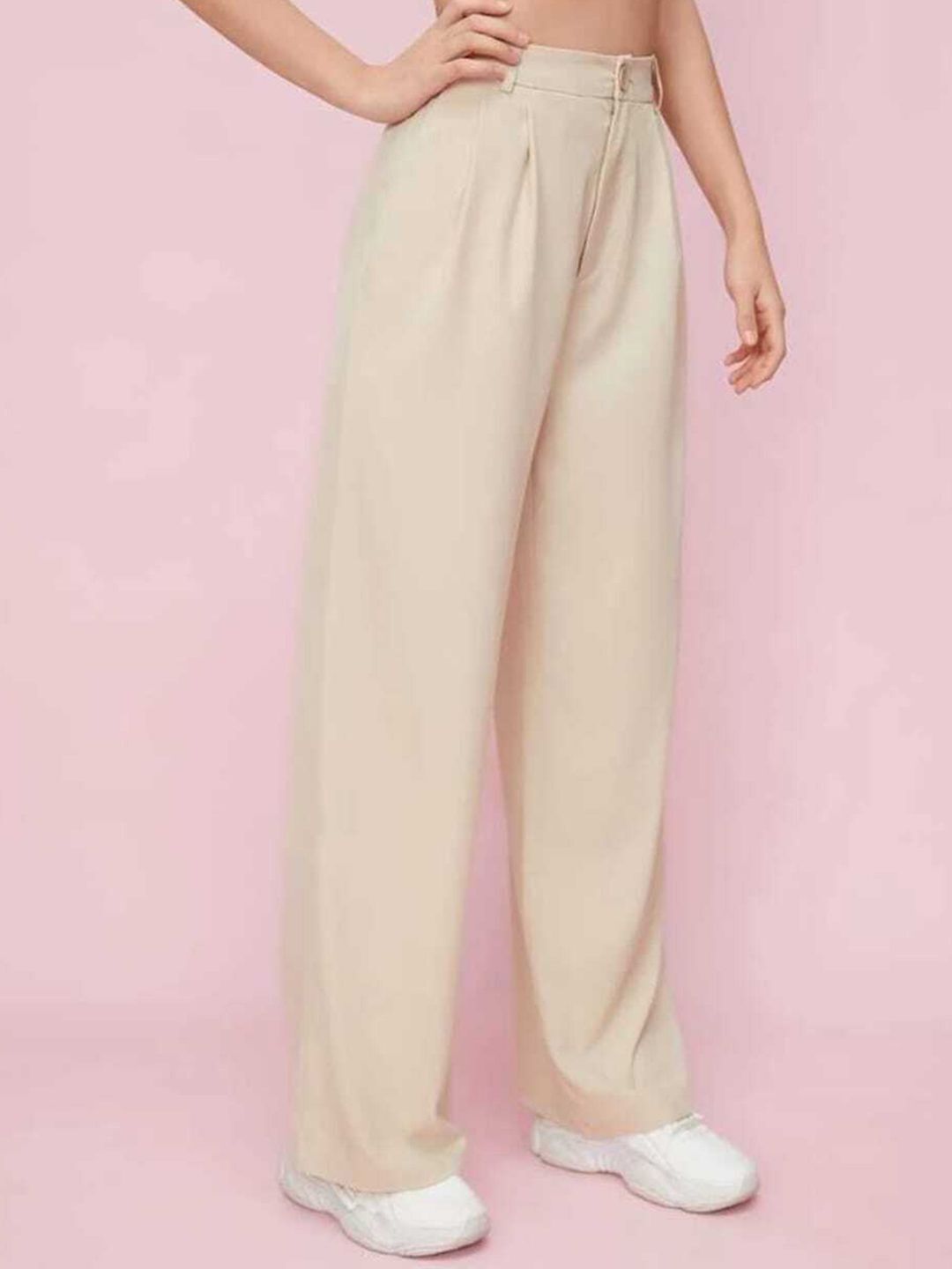 broadstar Women Loose Fit Beige Cotton Blend Trousers-picture-1