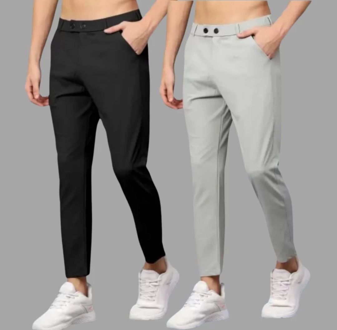 jkgarments Pack of 2 Men Regular Fit Black, Silver Lycra Blend Trousers-picture-25