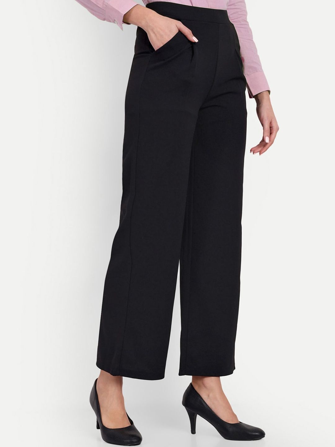 Women Loose Fit Black Lycra Blend Trousers-image-32