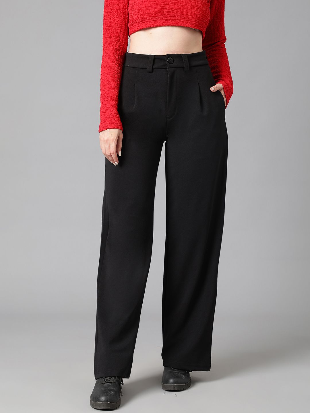 kotty Women Regular Fit Black Cotton Blend Trousers-picture-11