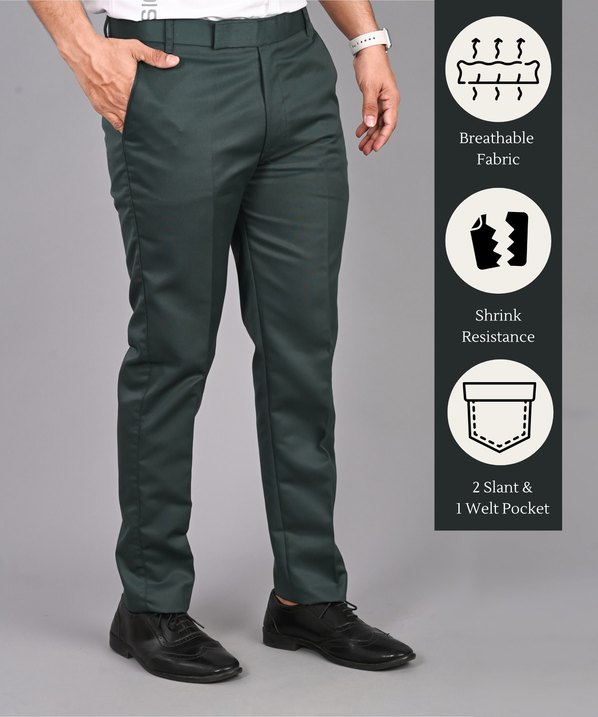 Men Regular Fit Dark Green Cotton Blend Trousers