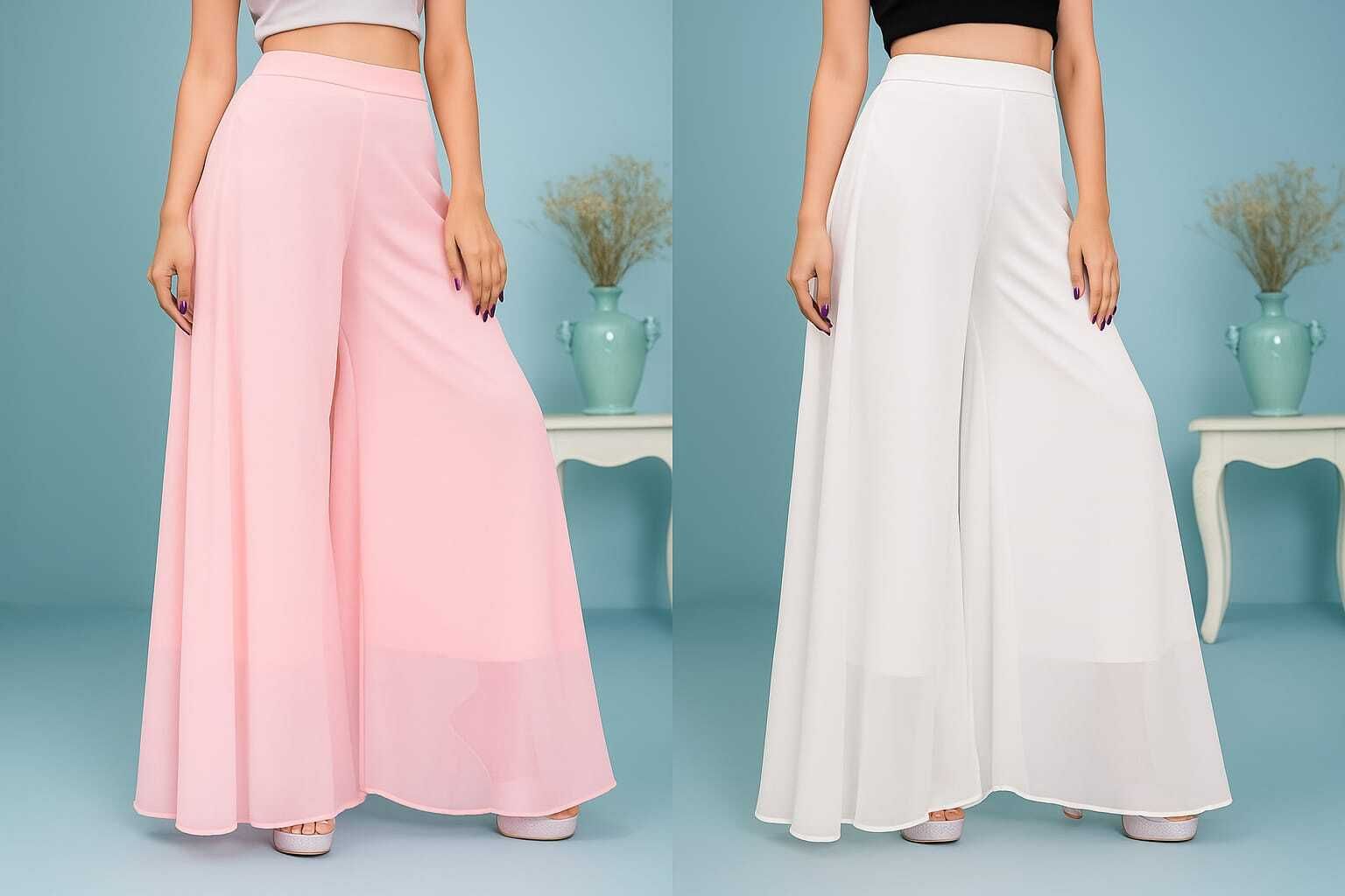 Pack of 2 Women Flared Pink, White Georgette Trousers-image-38