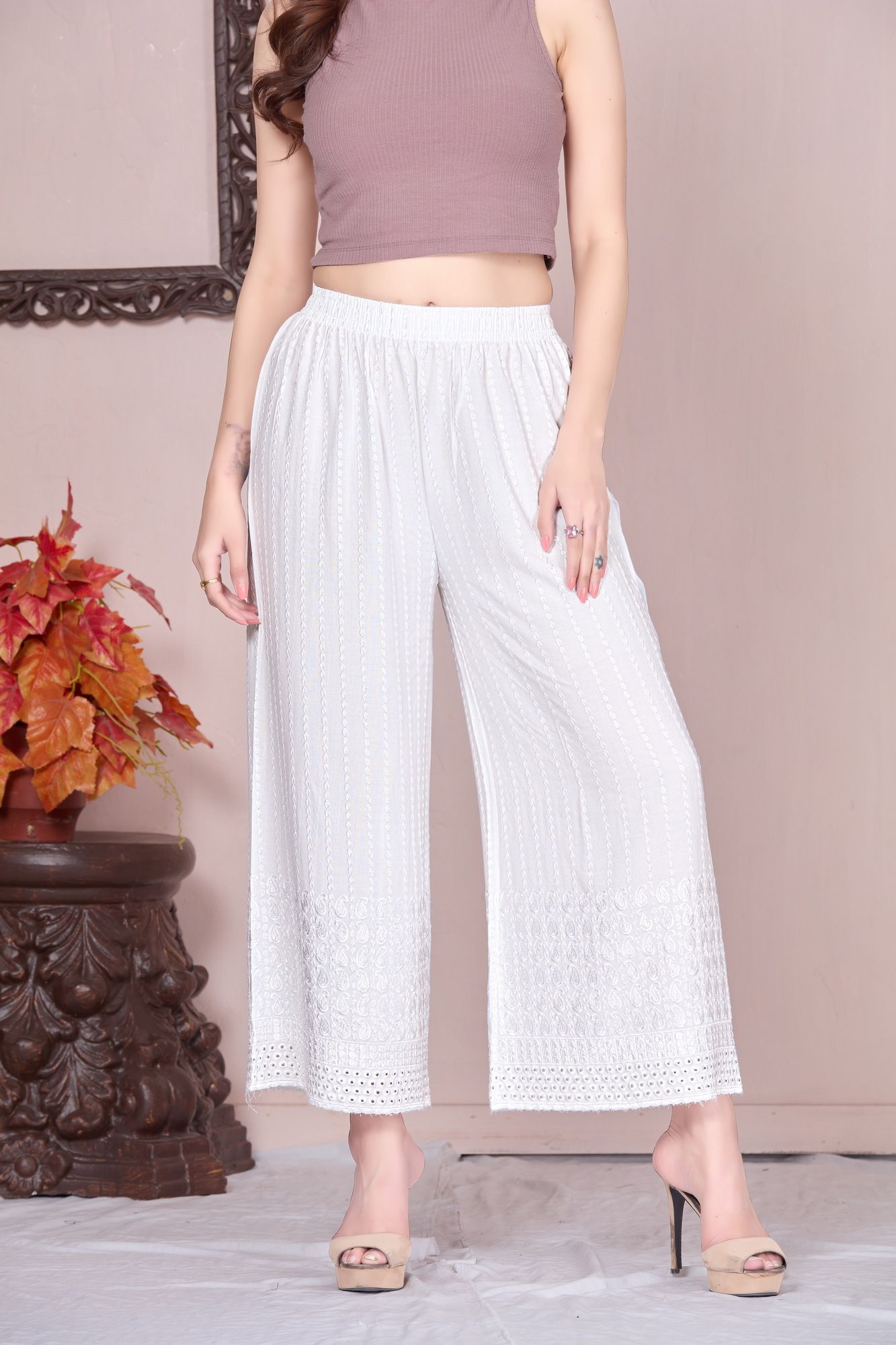 vivika Women Flared White Viscose Rayon Trousers-picture-10
